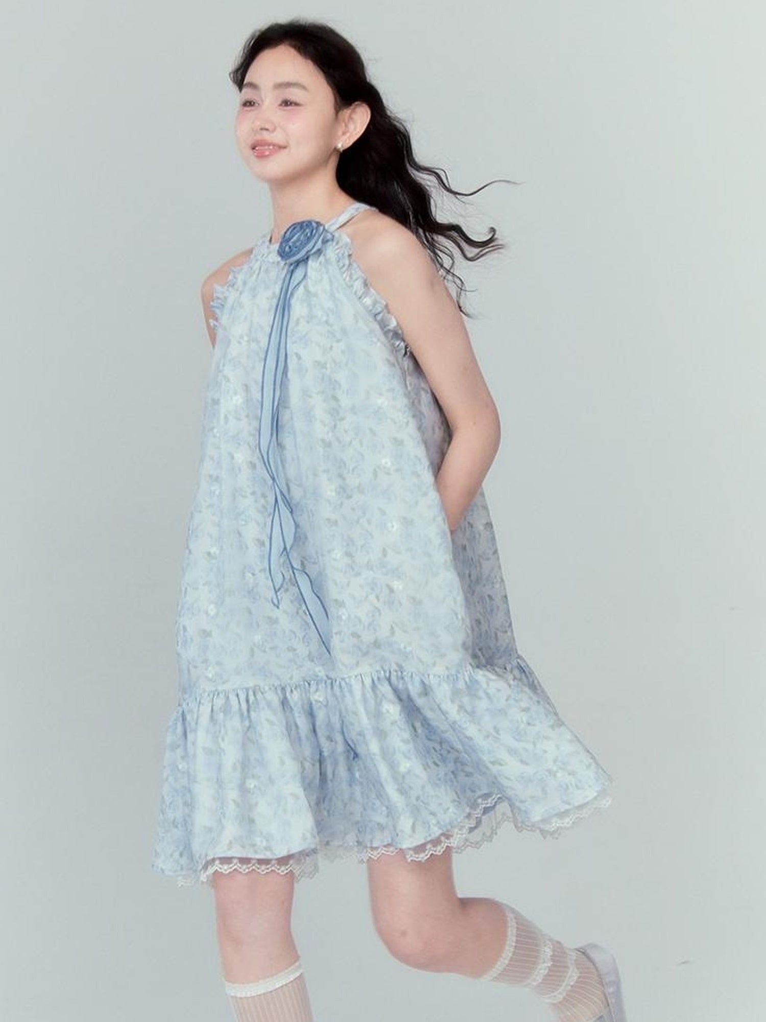 DIDDI MODA Ethereal Blue Floral Embroidery Off Shoulder Beach Dress