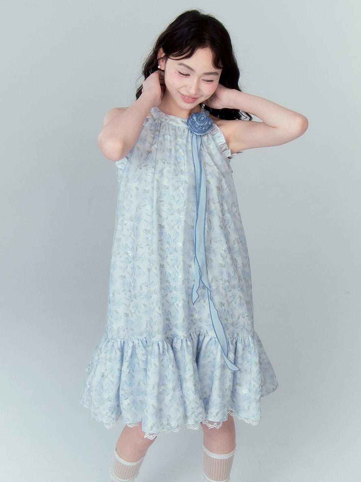 DIDDI MODA Ethereal Blue Floral Embroidery Off Shoulder Beach Dress