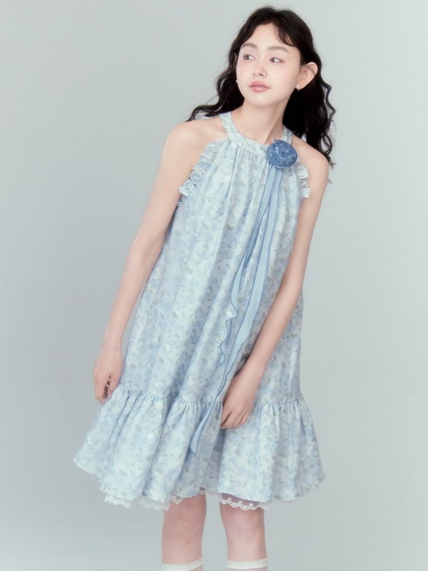 DIDDI MODA Ethereal Blue Floral Embroidery Off Shoulder Beach Dress