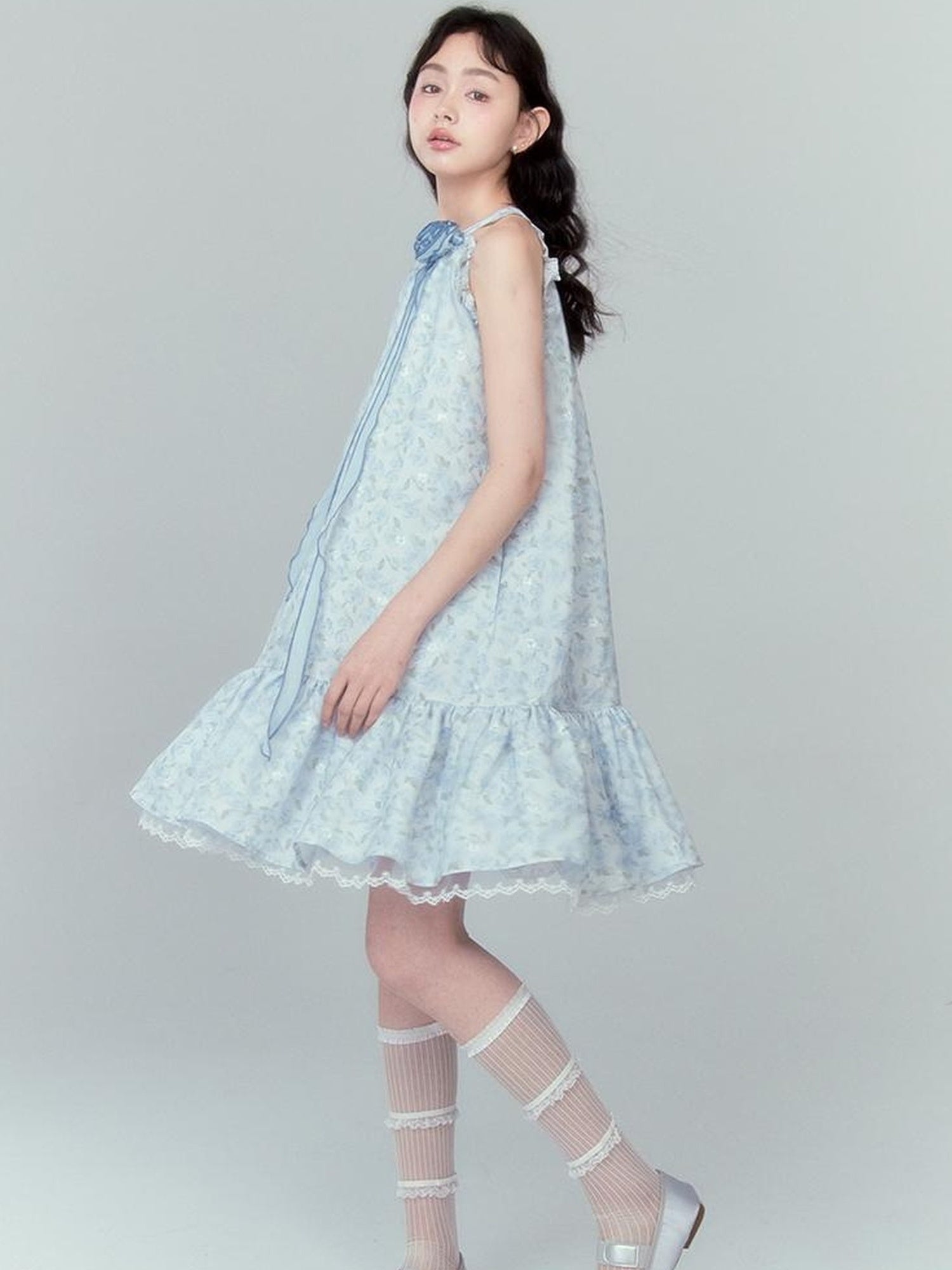 DIDDI MODA Ethereal Blue Floral Embroidery Off Shoulder Beach Dress