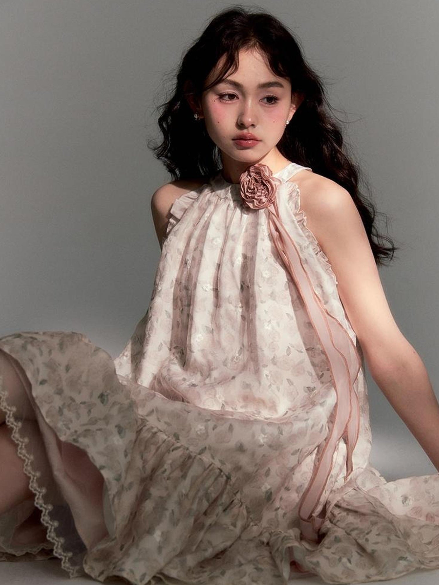 DIDDI MODA Ethereal Blue Floral Embroidery Off Shoulder Beach Dress