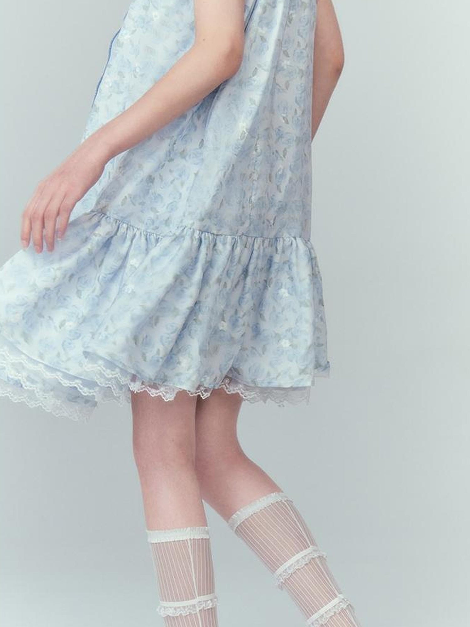 DIDDI MODA Ethereal Blue Floral Embroidery Off Shoulder Beach Dress