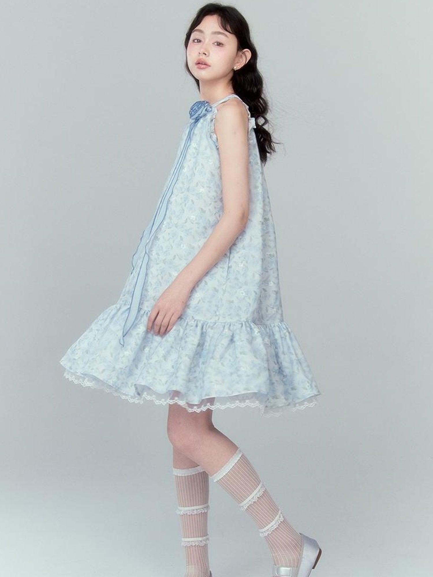 DIDDI MODA Ethereal Blue Floral Embroidery Off Shoulder Beach Dress