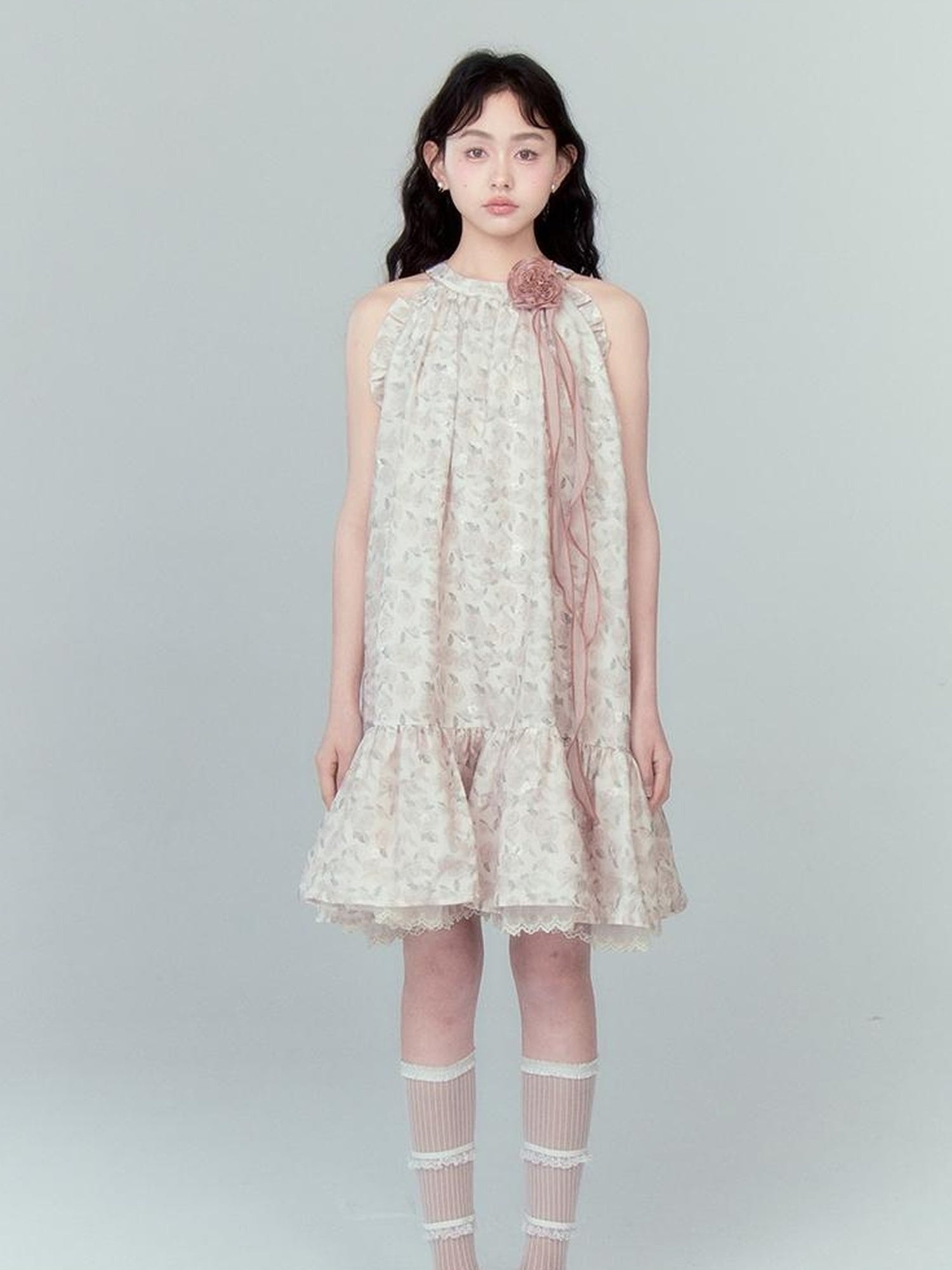 DIDDI MODA Ethereal Blue Floral Embroidery Off Shoulder Beach Dress