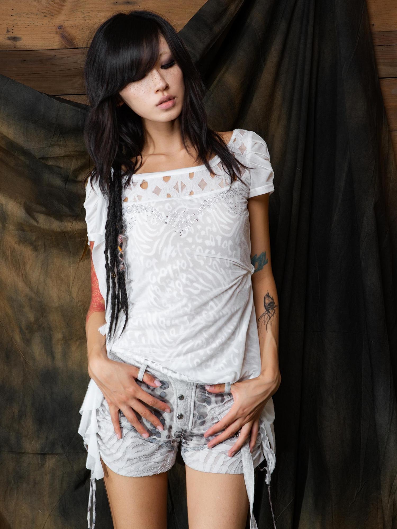 ARIADNAw Ethereal Wings Diamond Mesh Top With Leopard Print