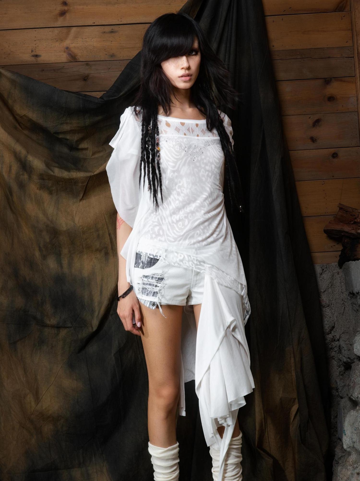ARIADNAw Ethereal Wings Diamond Mesh Top With Leopard Print