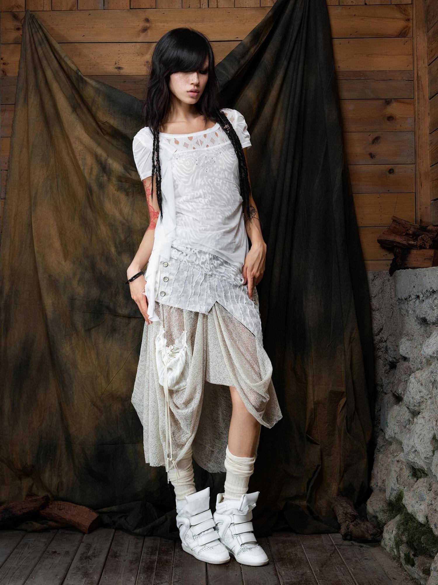 ARIADNAw Ethereal Wings Diamond Mesh Top With Leopard Print