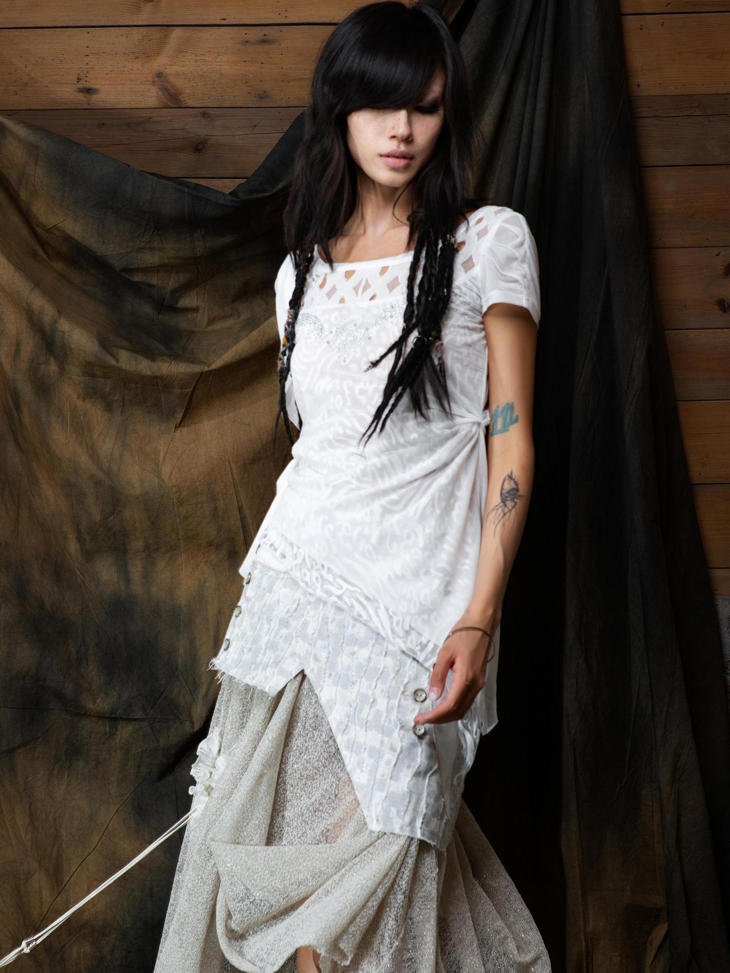 ARIADNAw Ethereal Wings Diamond Mesh Top With Leopard Print