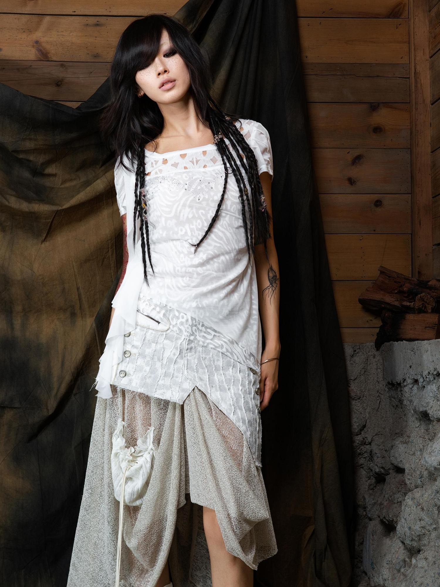 ARIADNAw Ethereal Wings Diamond Mesh Top With Leopard Print
