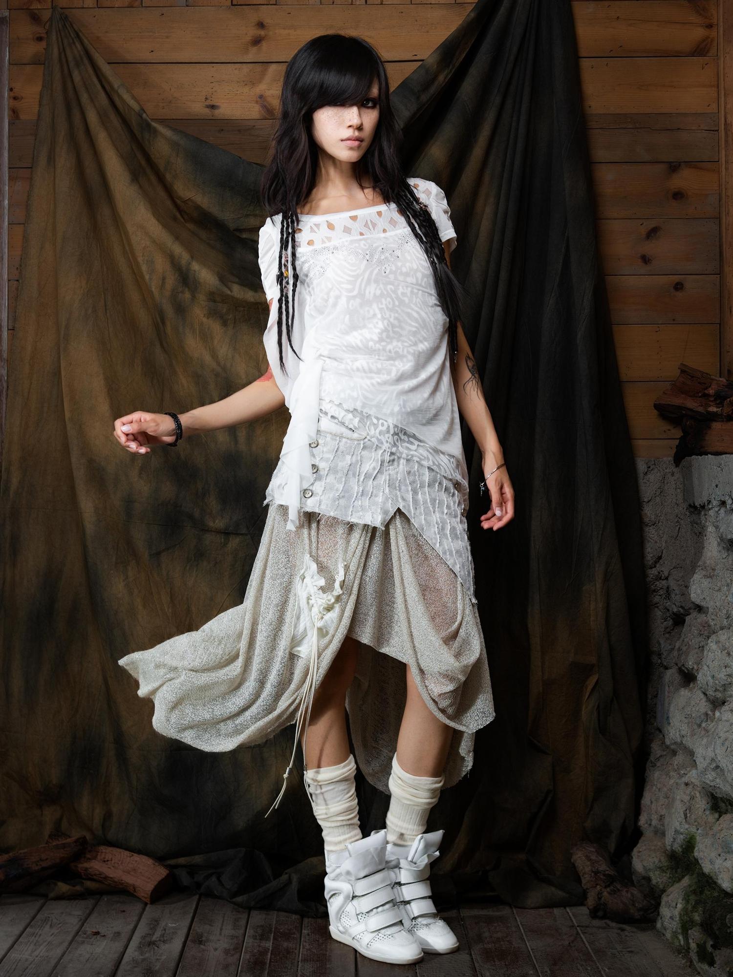 ARIADNAw Ethereal Wings Diamond Mesh Top With Leopard Print