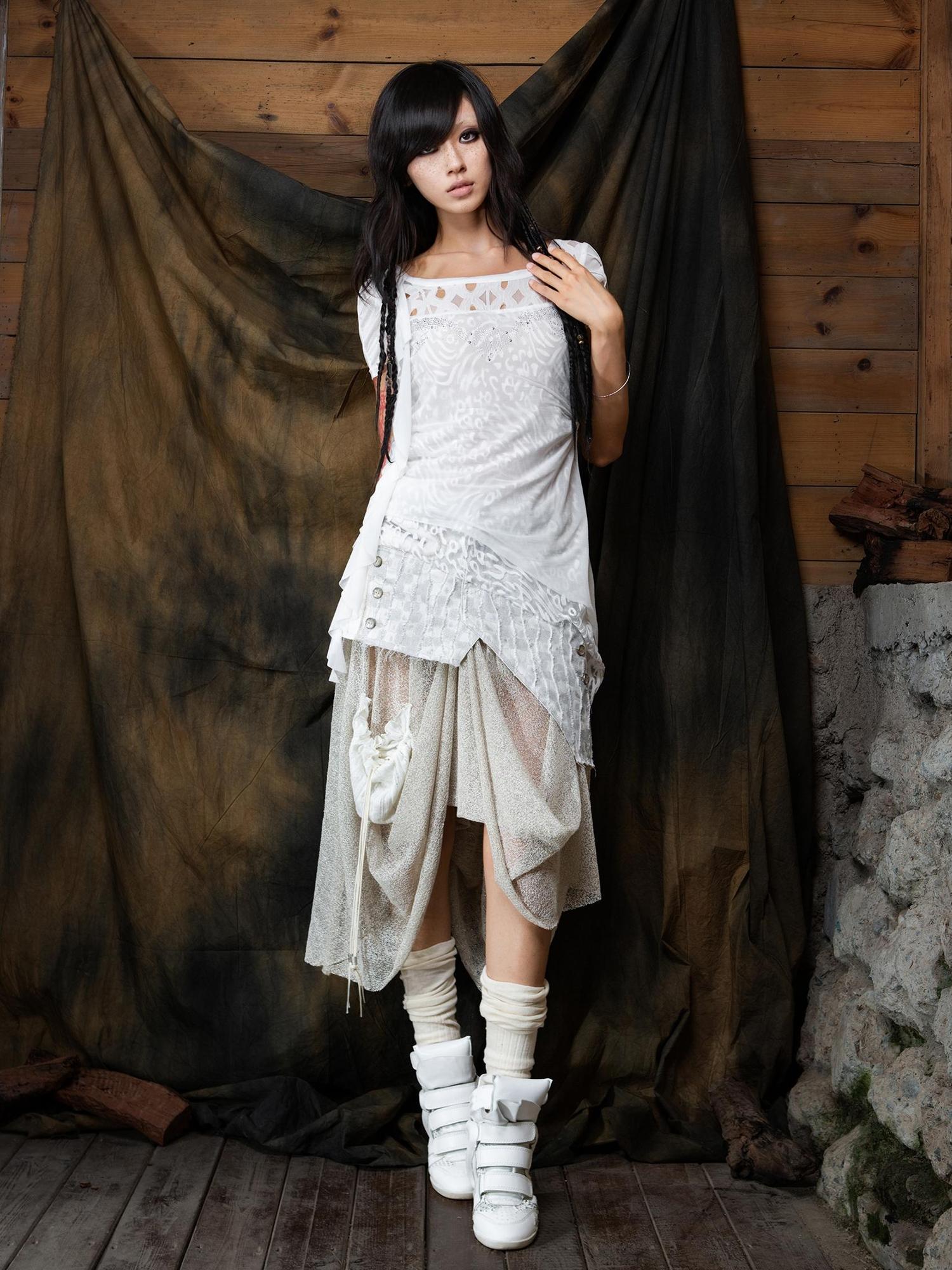ARIADNAw Ethereal Wings Diamond Mesh Top With Leopard Print