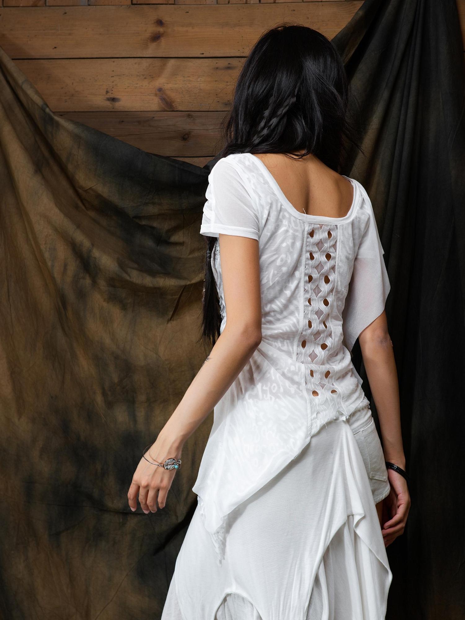 ARIADNAw Ethereal Wings Diamond Mesh Top With Leopard Print