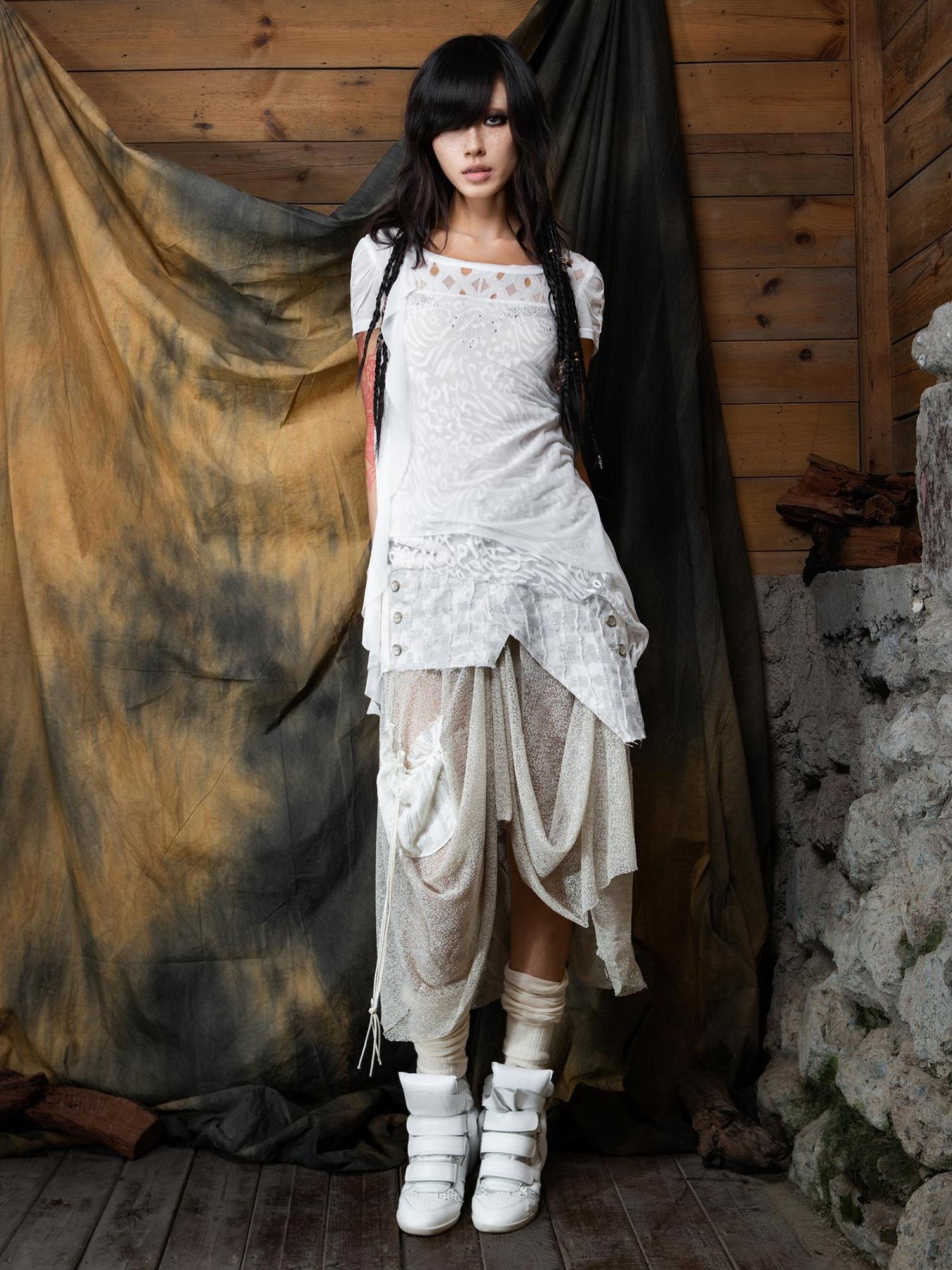 ARIADNAw Ethereal Wings Diamond Mesh Top With Leopard Print