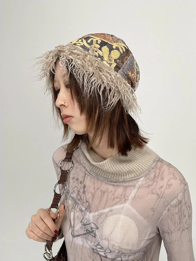 Ethnic Print Furry Winter Hat For Women