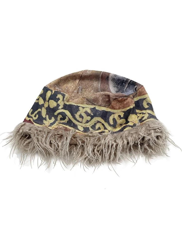 Ethnic Print Furry Winter Hat For Women