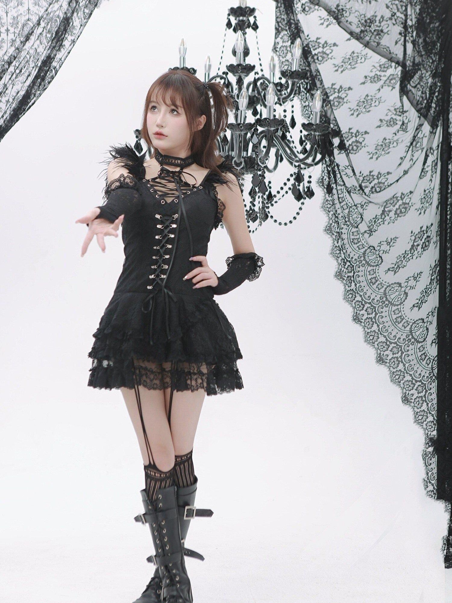 Evil Tooth Black Feather Lace Gothic Strappy A Line Women&