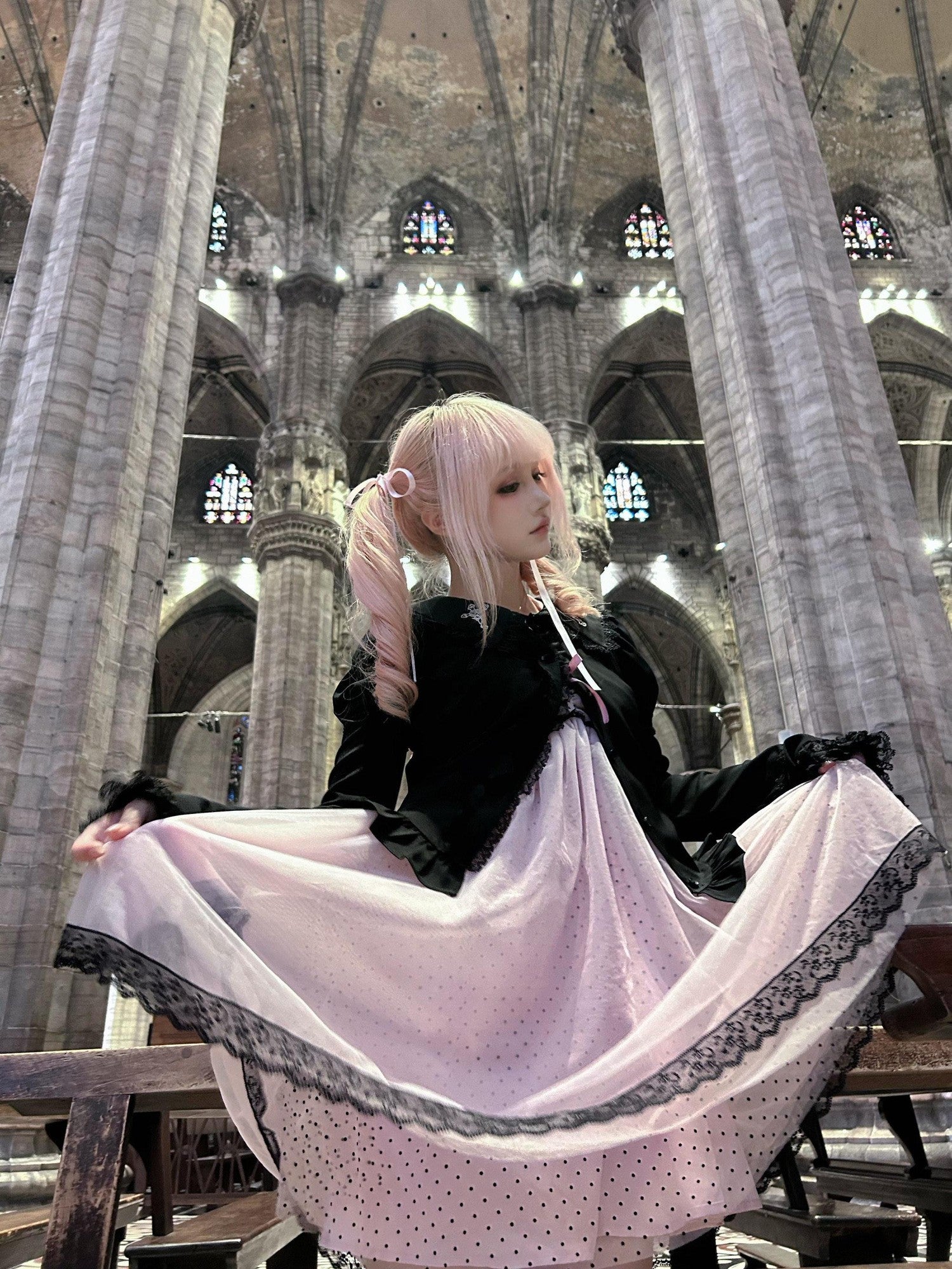 Evil Tooth Black Pink Polka Dot Lace Halter Neck Women&