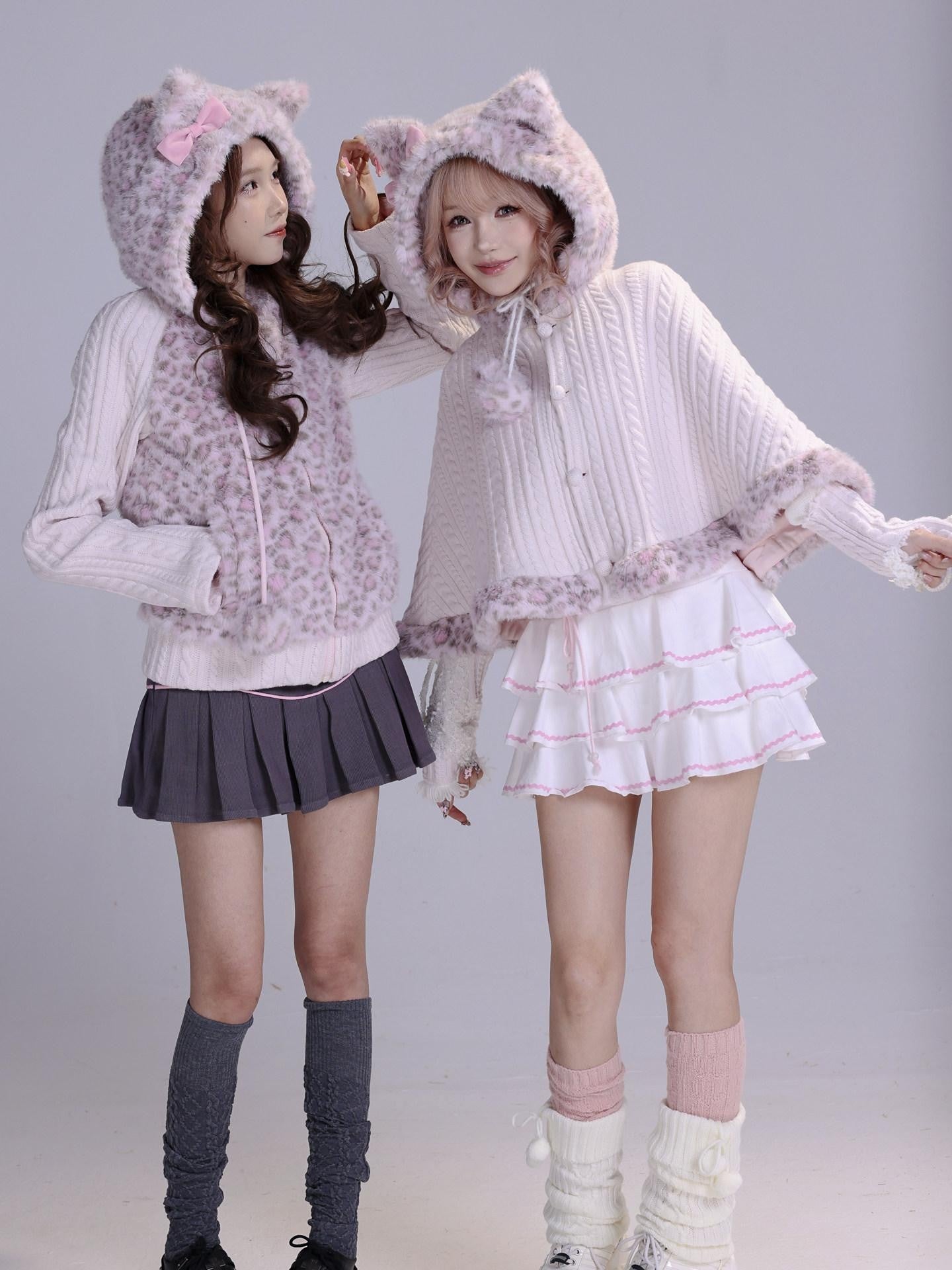 Evil Tooth Cute Cat Ear Bow Leopard Print Hooded Cape Women&