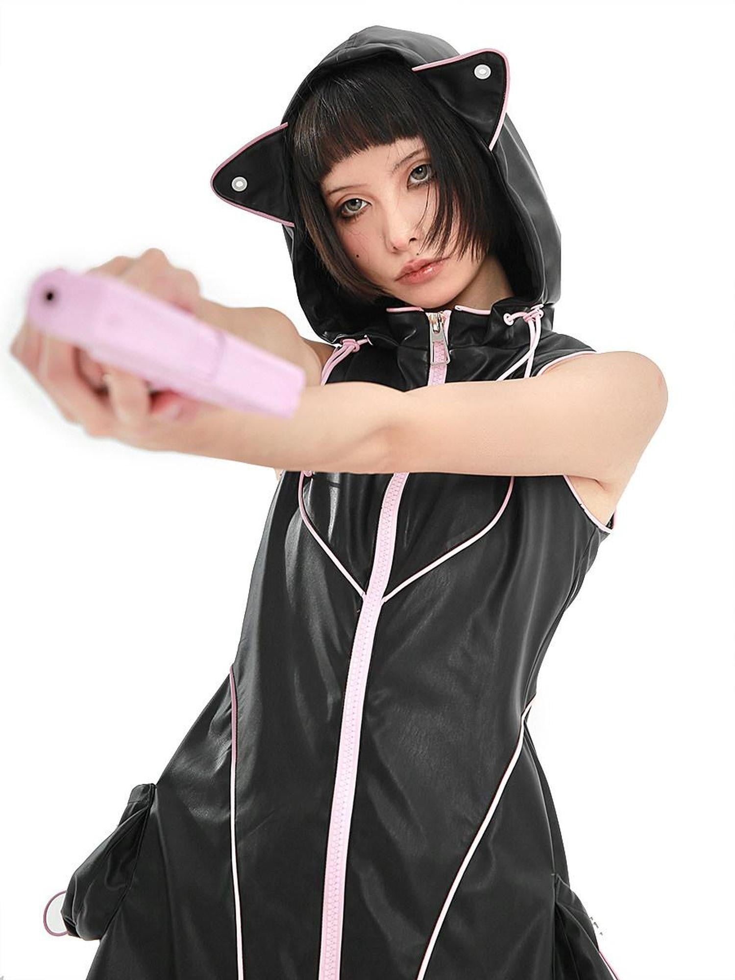 Evil Tooth Cyber Biker Cat Ear Hooded Slim Vest Women&