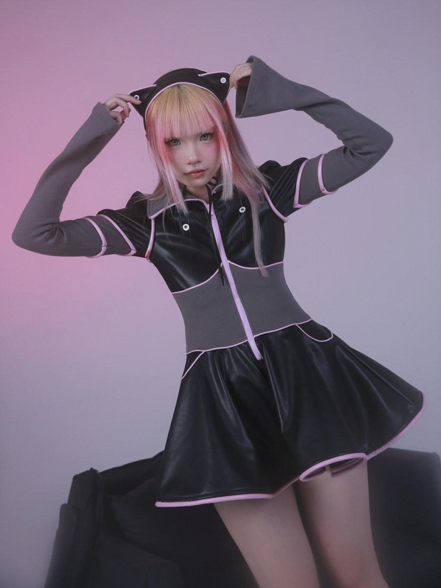 Evil Tooth Cyberpunk Knit Splice Puffy Long Sleeve Women&