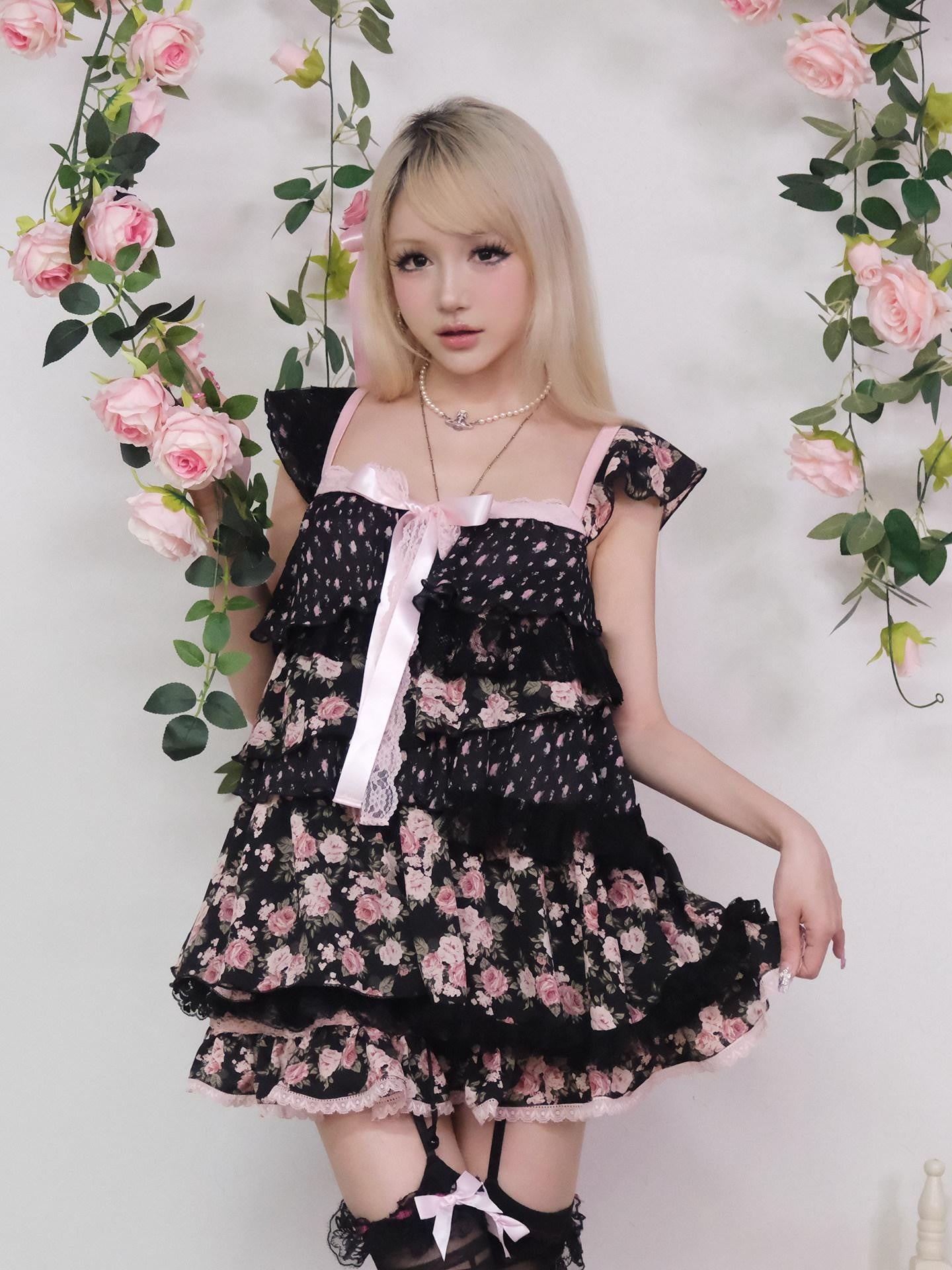 Evil Tooth Irregular Patchwork Layered Floral Tiered Women&