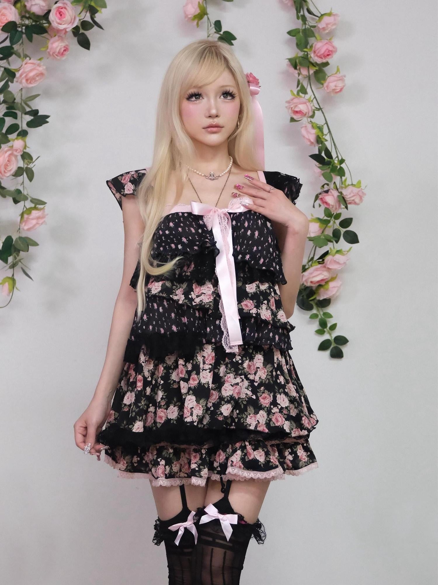 Evil Tooth Irregular Patchwork Layered Floral Tiered Women&