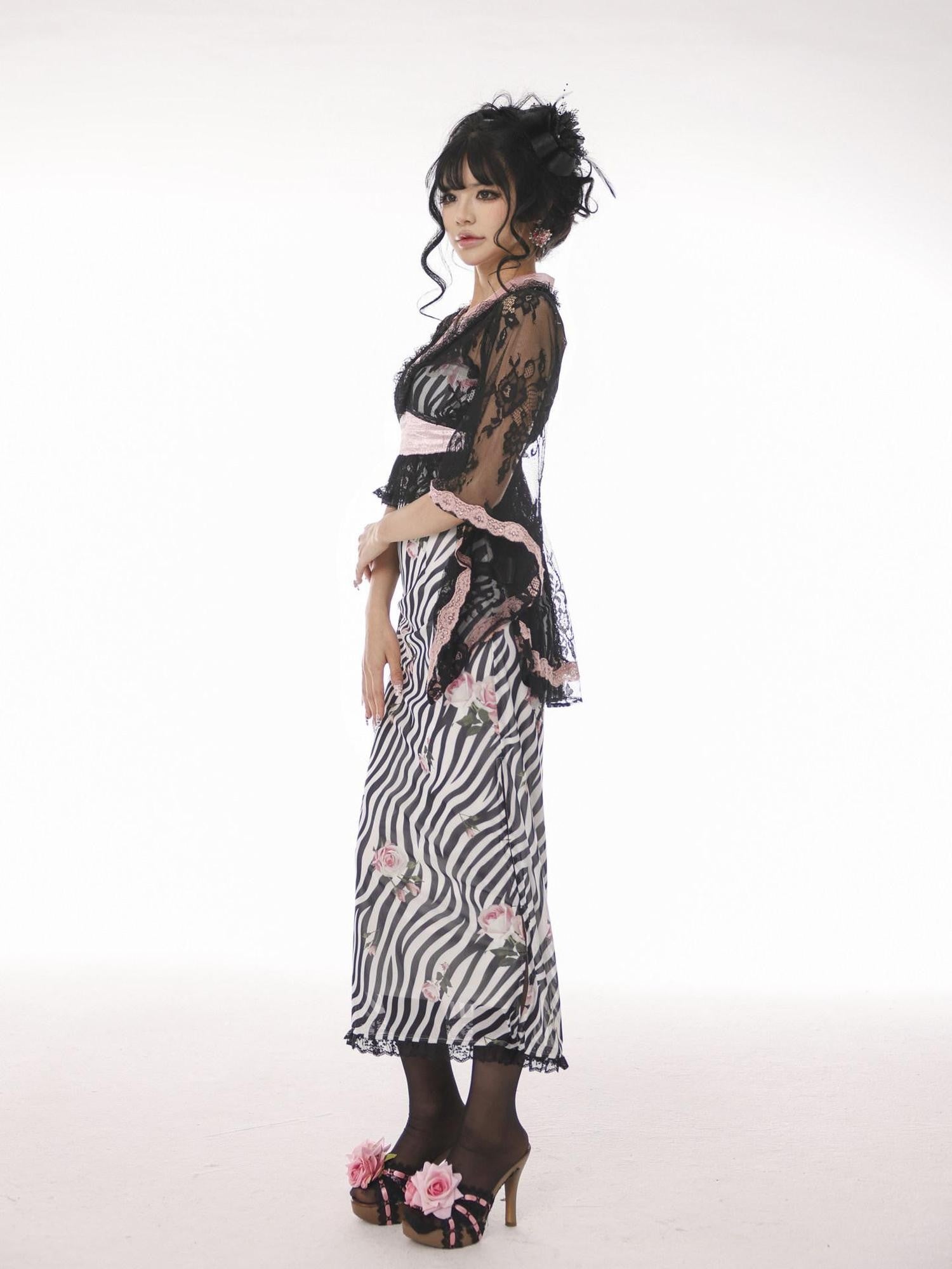 Evil Tooth Lace V-neck Tail Hem Butterfly Bow Cinched Waist Women&