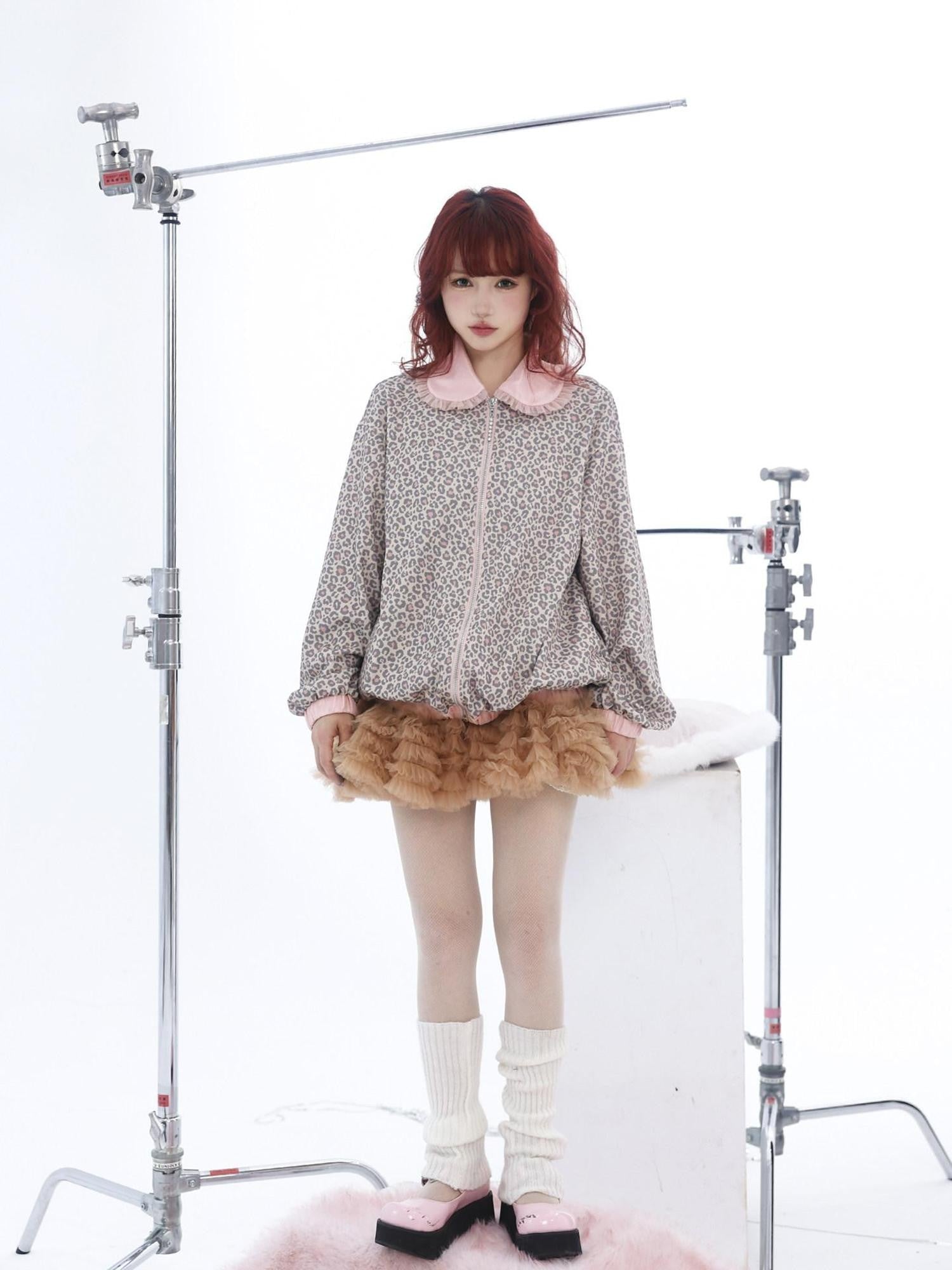 Evil Tooth Leopard Patchwork Doll Collar Zip Front Women&