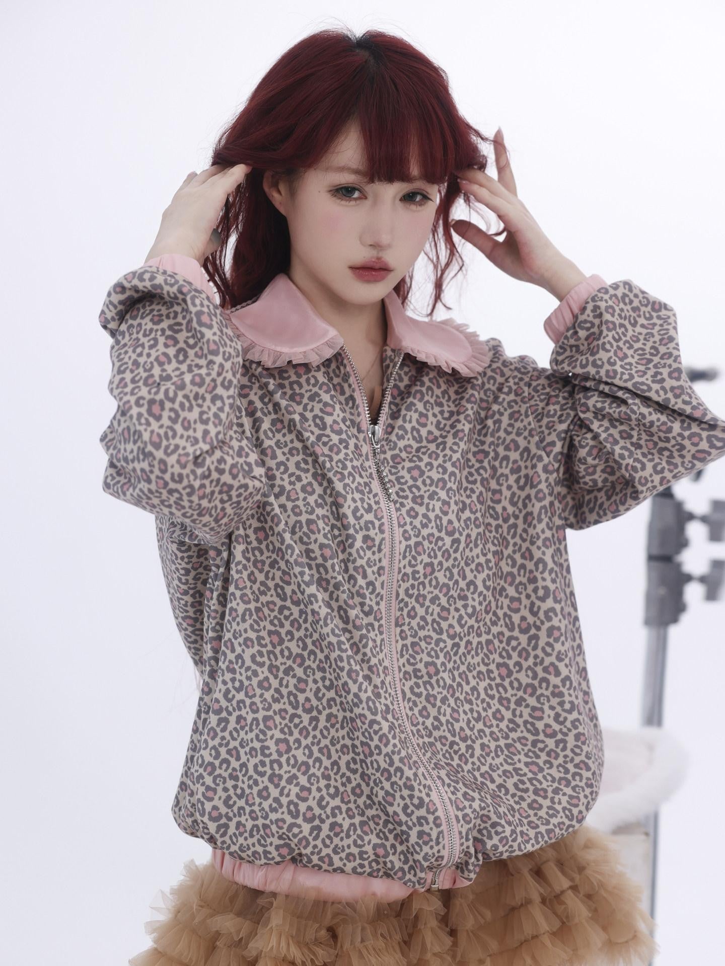 Evil Tooth Leopard Patchwork Doll Collar Zip Front Women&