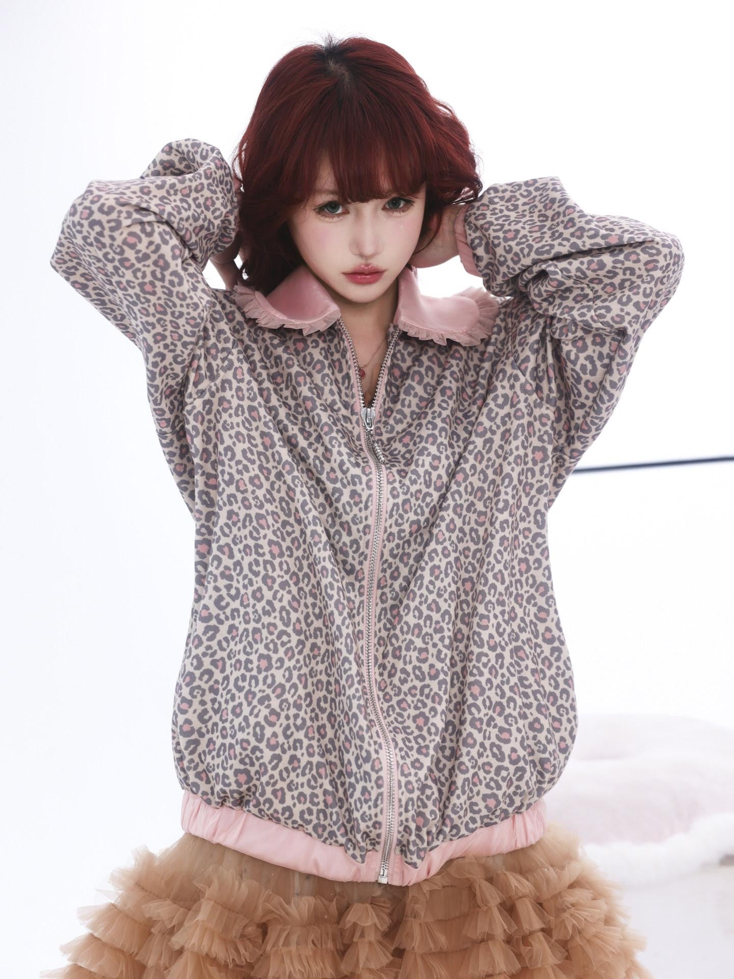 Evil Tooth Leopard Patchwork Doll Collar Zip Front Women&