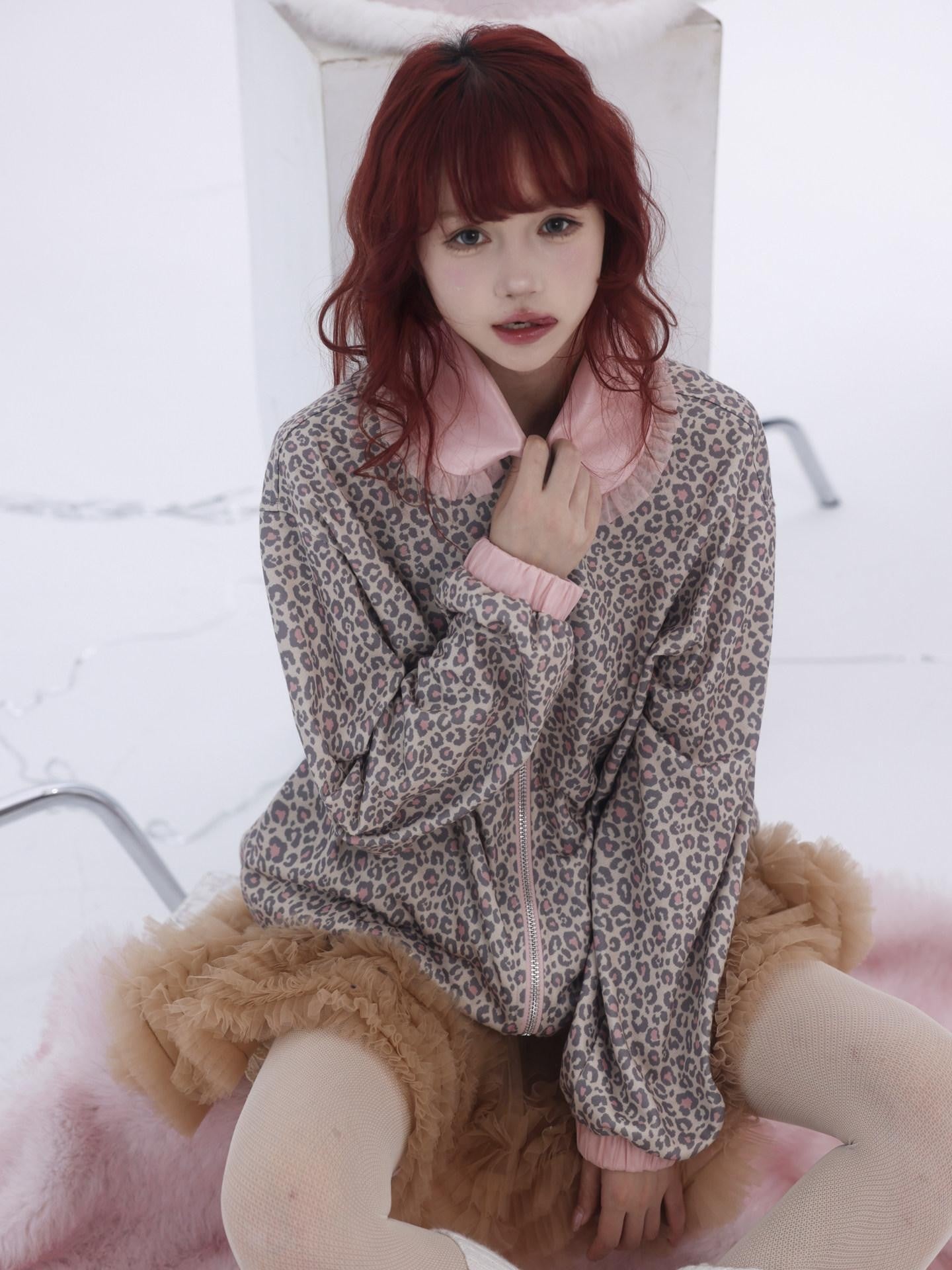 Evil Tooth Leopard Patchwork Doll Collar Zip Front Women&