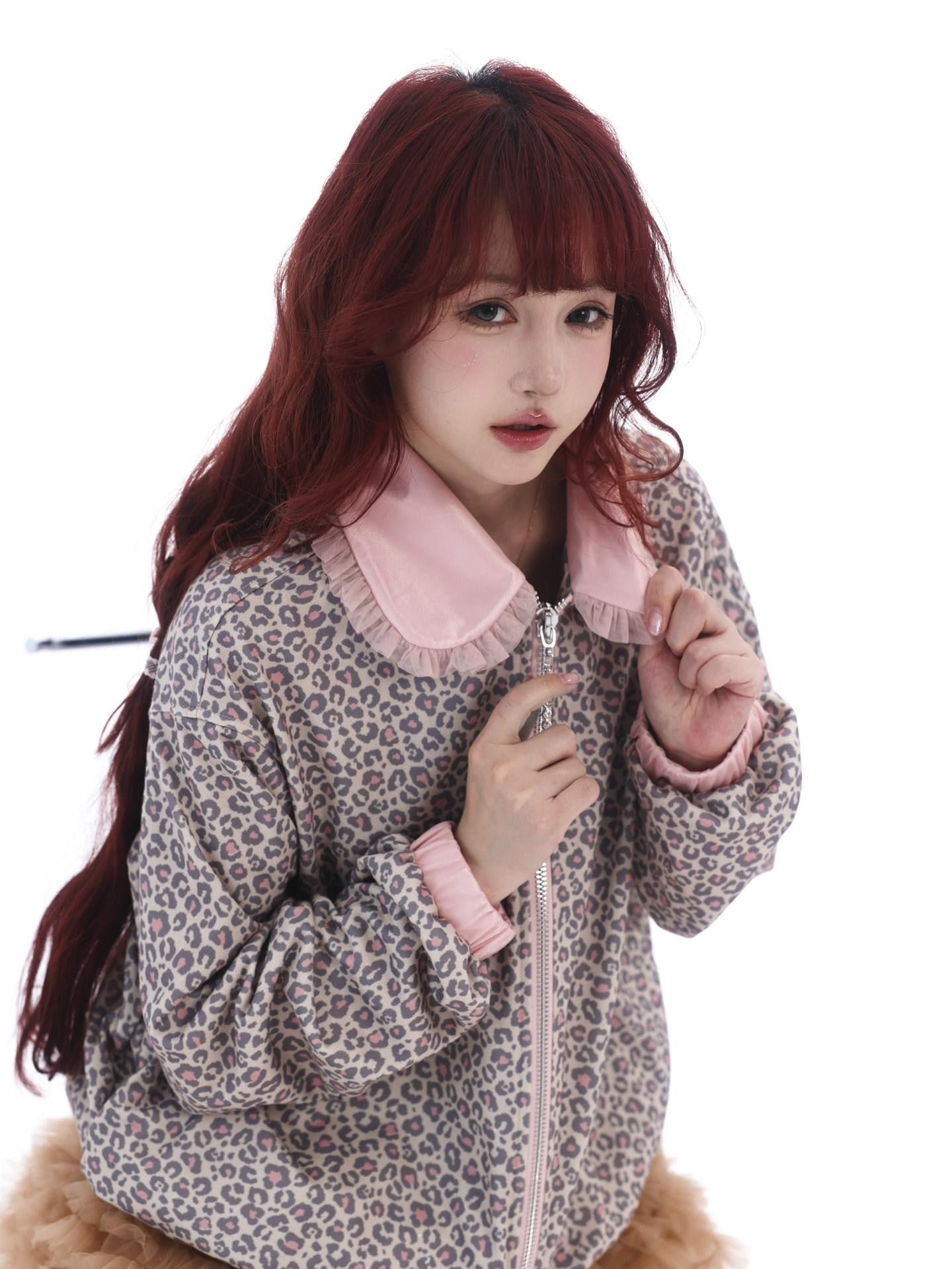Evil Tooth Leopard Patchwork Doll Collar Zip Front Women&