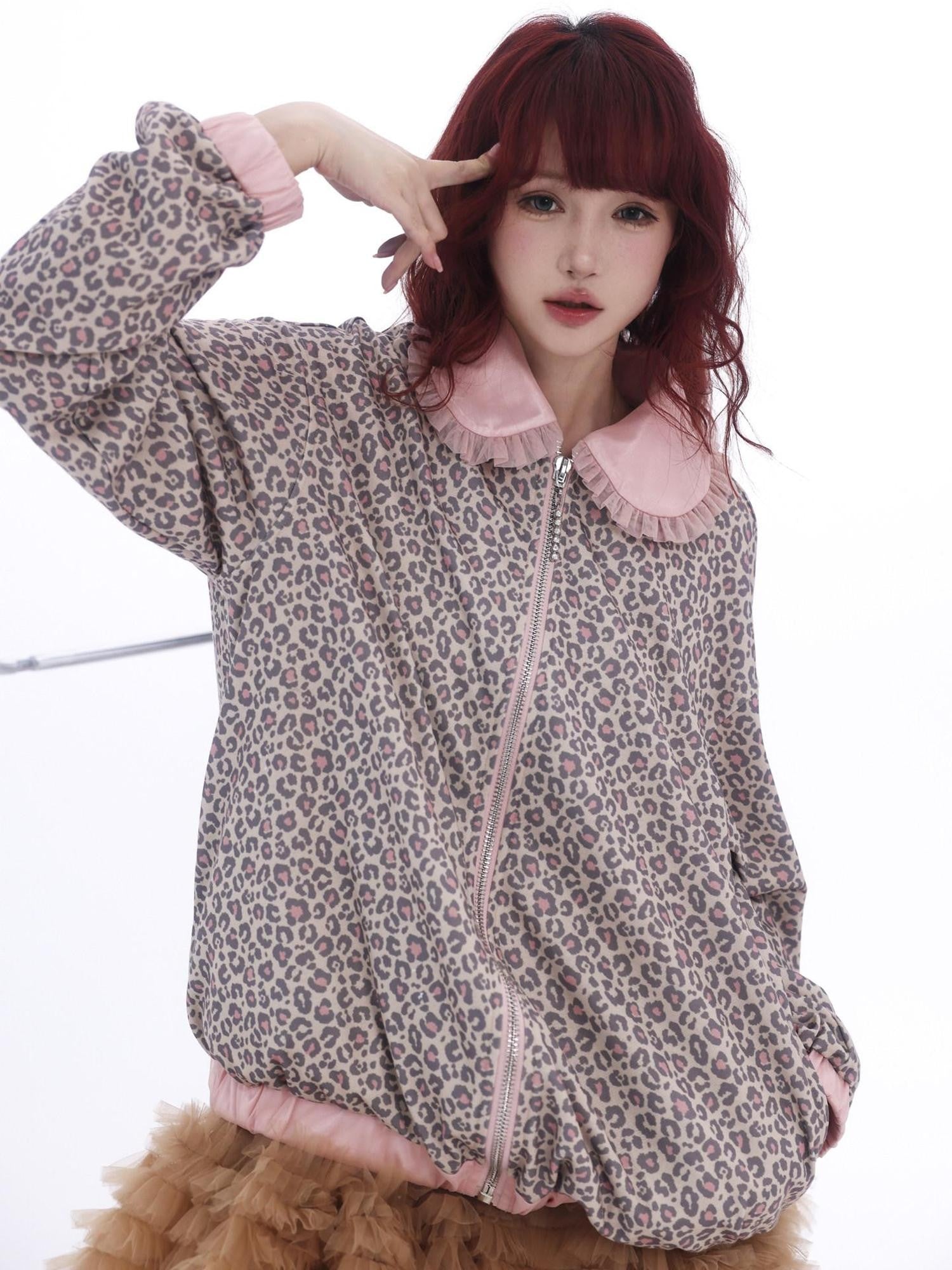 Evil Tooth Leopard Patchwork Doll Collar Zip Front Women&