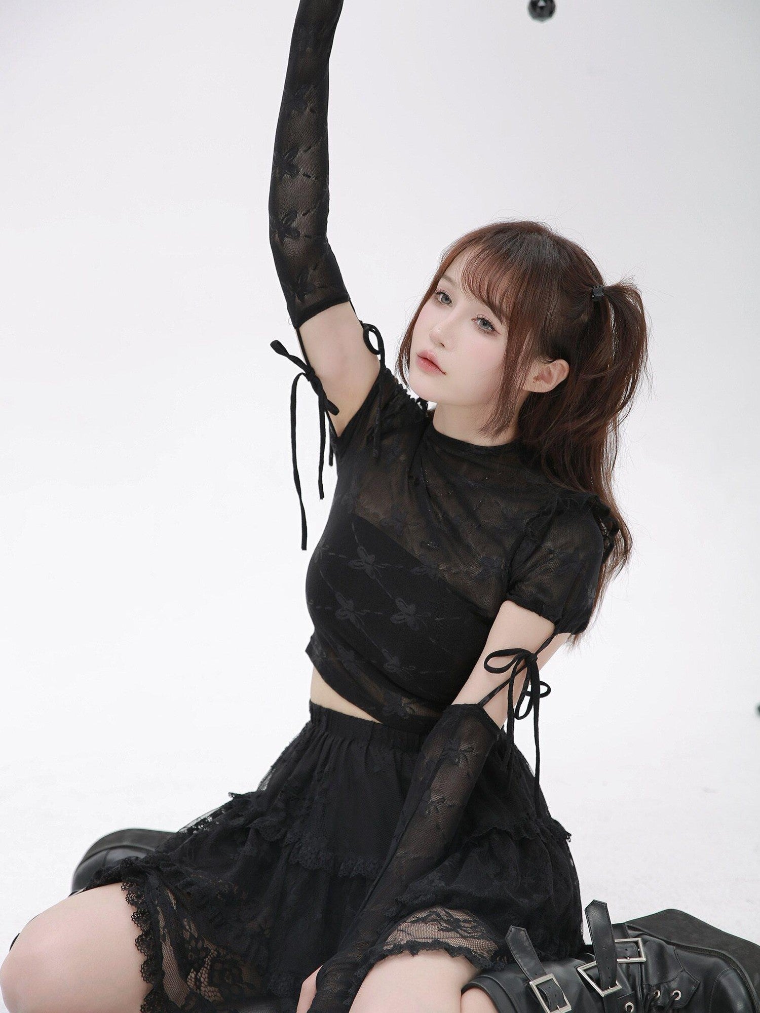Evil Tooth Ninja Lace Cutout Spliced Sleeve Slim Fit Women&