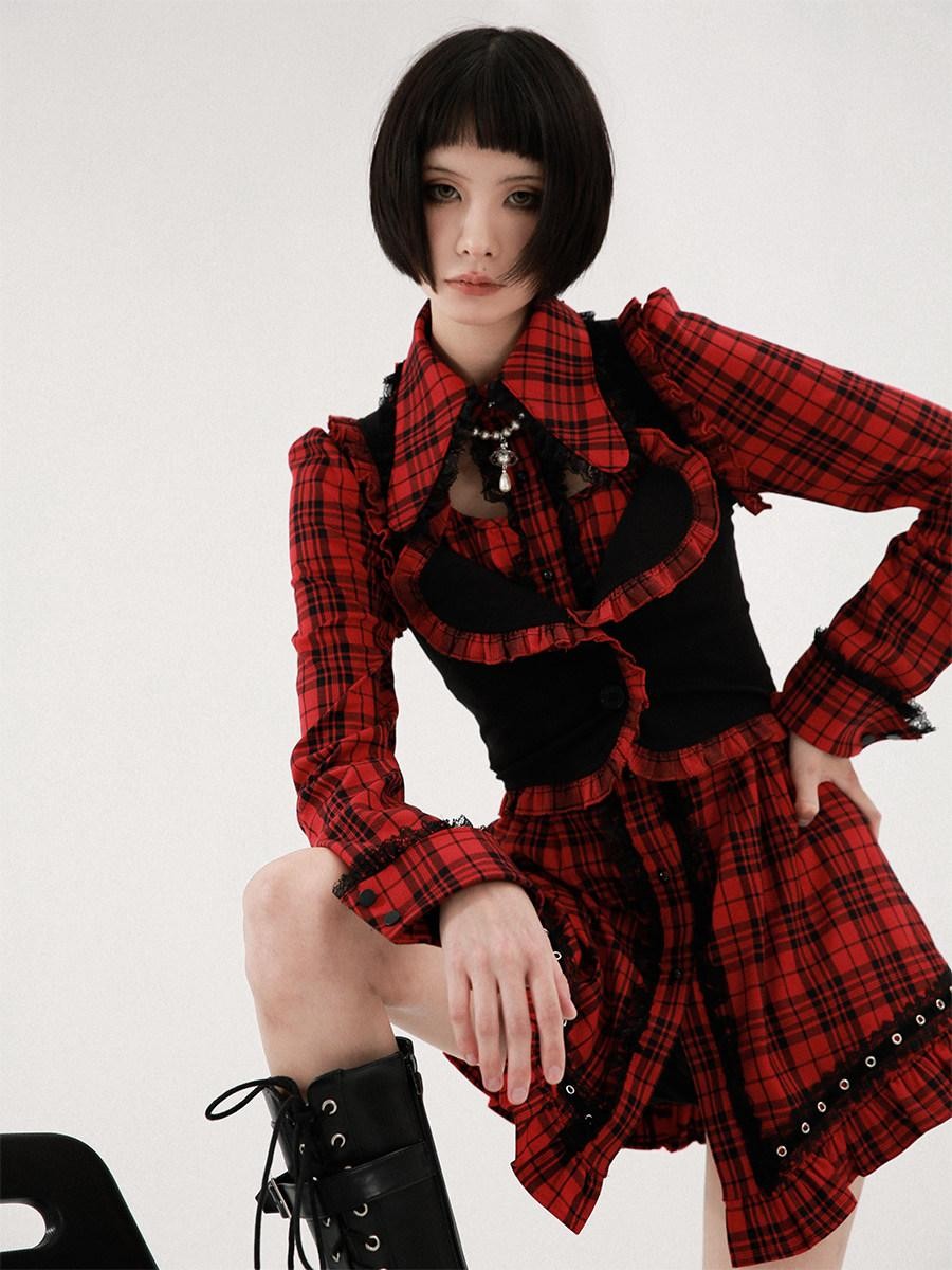 Evil Tooth Punk Red Plaid Cutout Studded Women&