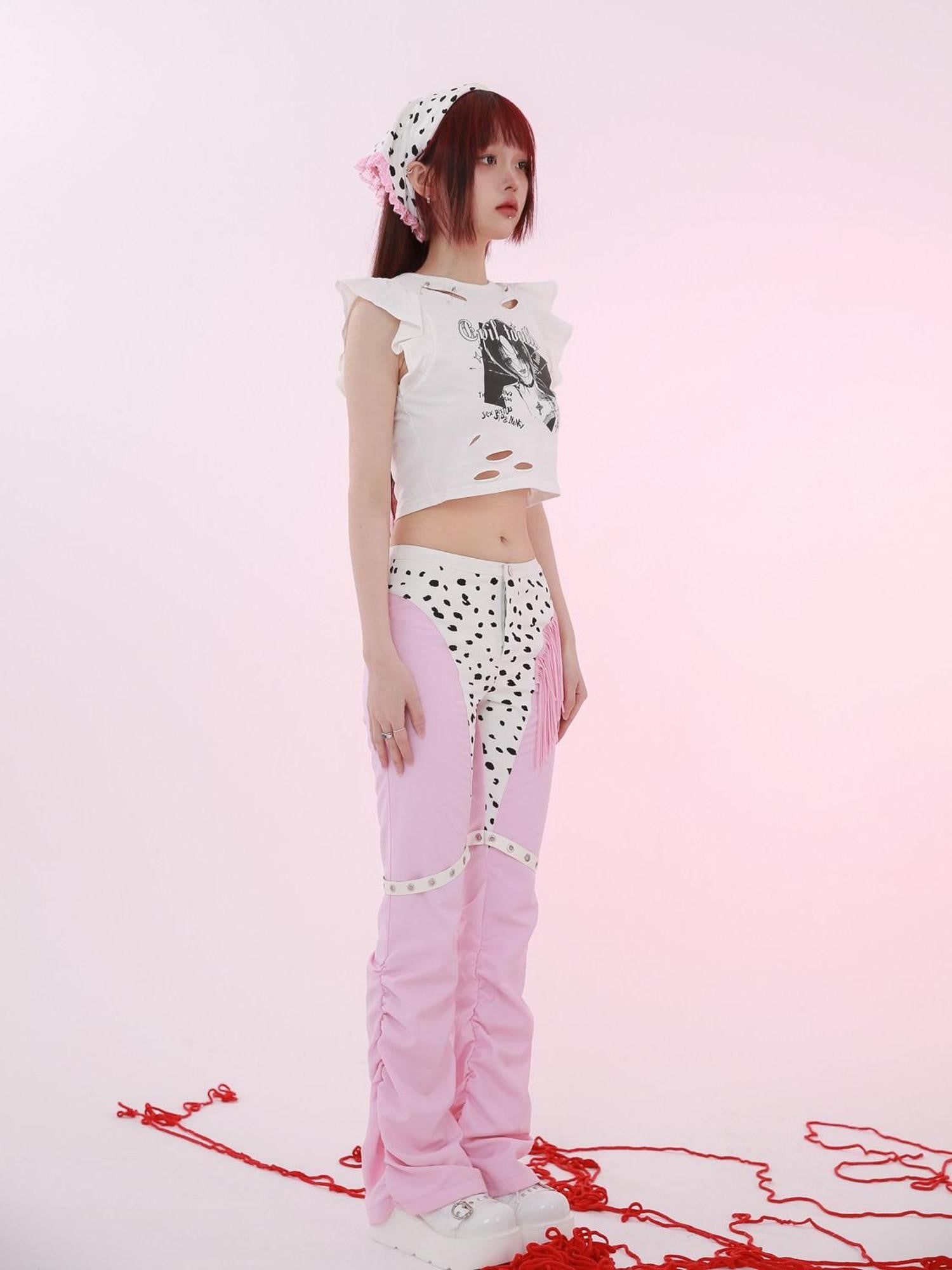 Evil Tooth White Punk Girl Print Slim Fit Distressed Round Neck Women&