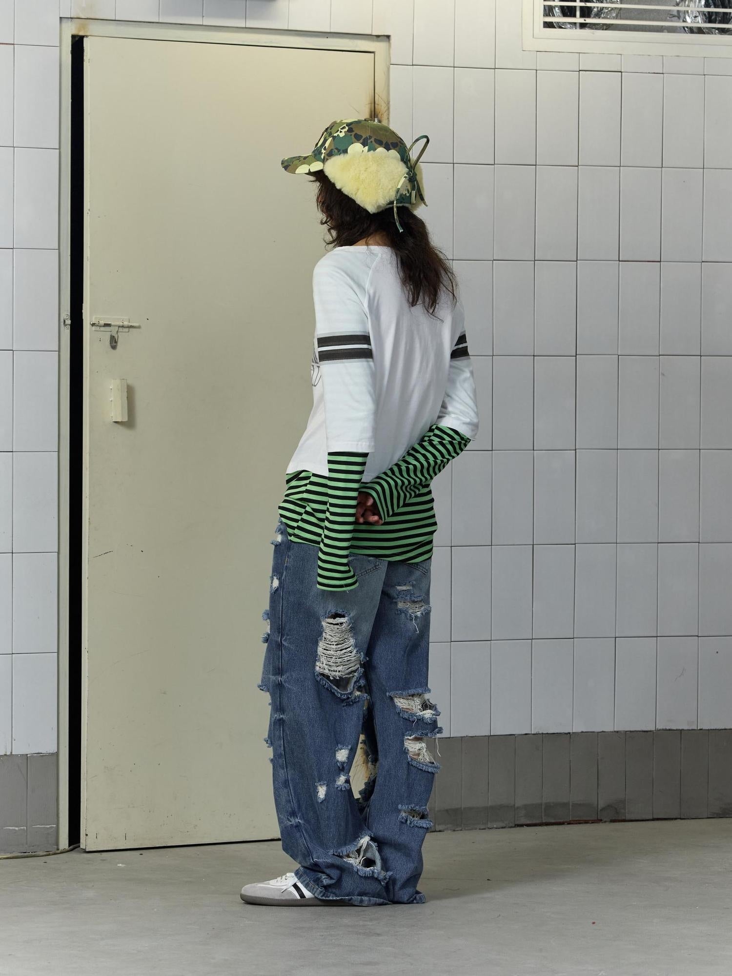 FULLTIDE 100% Cotton Breathable Deconstructed Loose Straight Unisex Striped Print T-Shirt