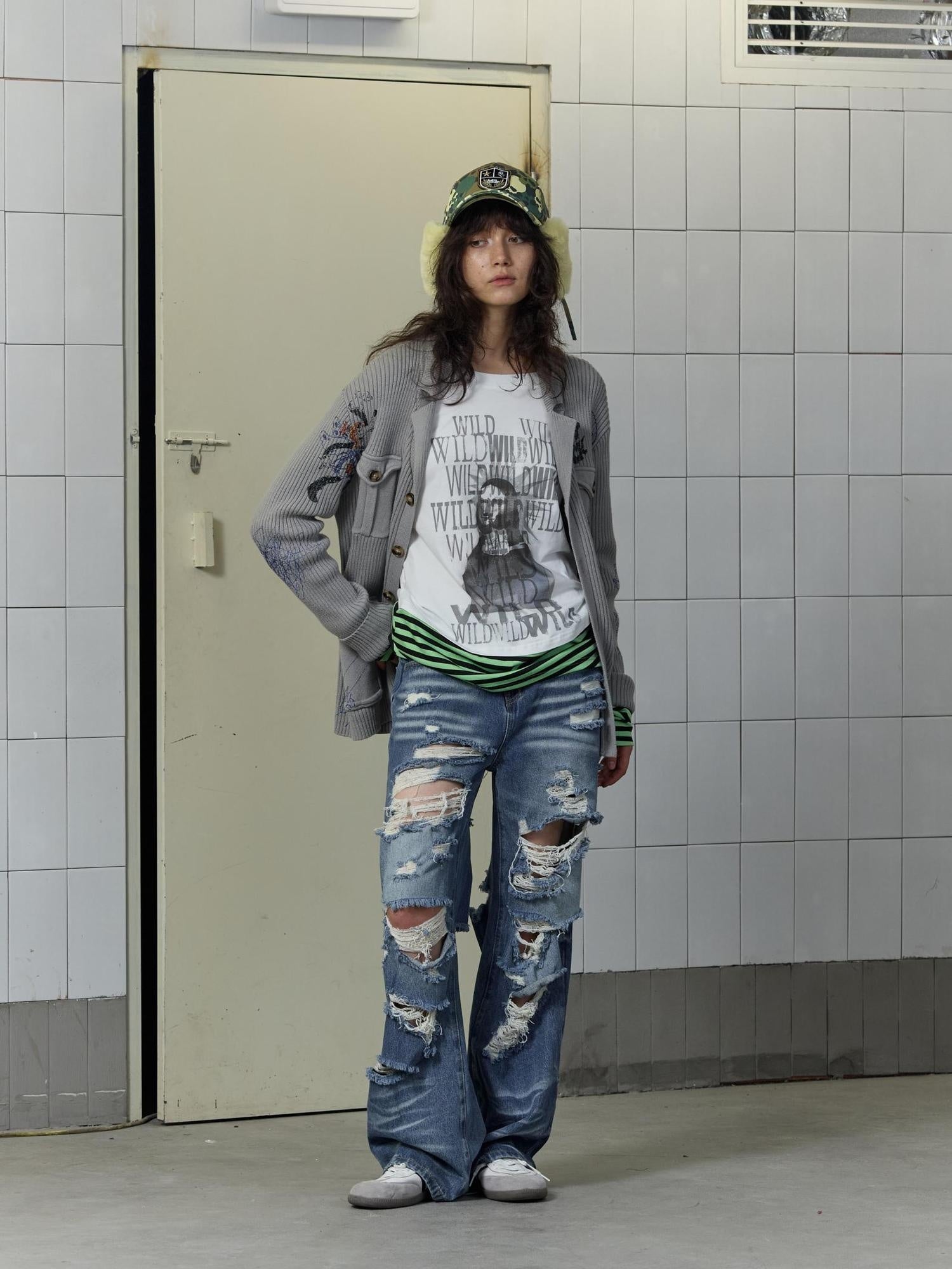 FULLTIDE 100% Cotton Breathable Deconstructed Loose Straight Unisex Striped Print T-Shirt