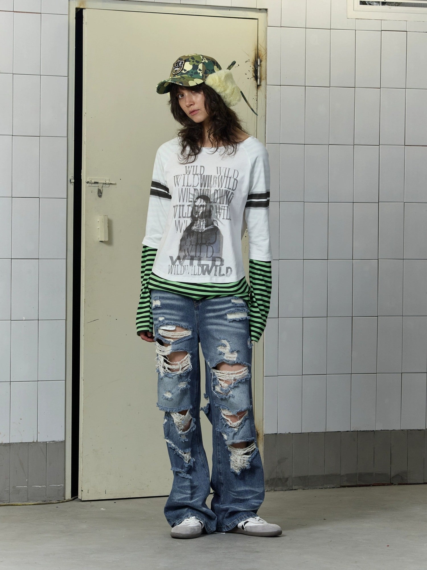 FULLTIDE 100% Cotton Breathable Deconstructed Loose Straight Unisex Striped Print T-Shirt