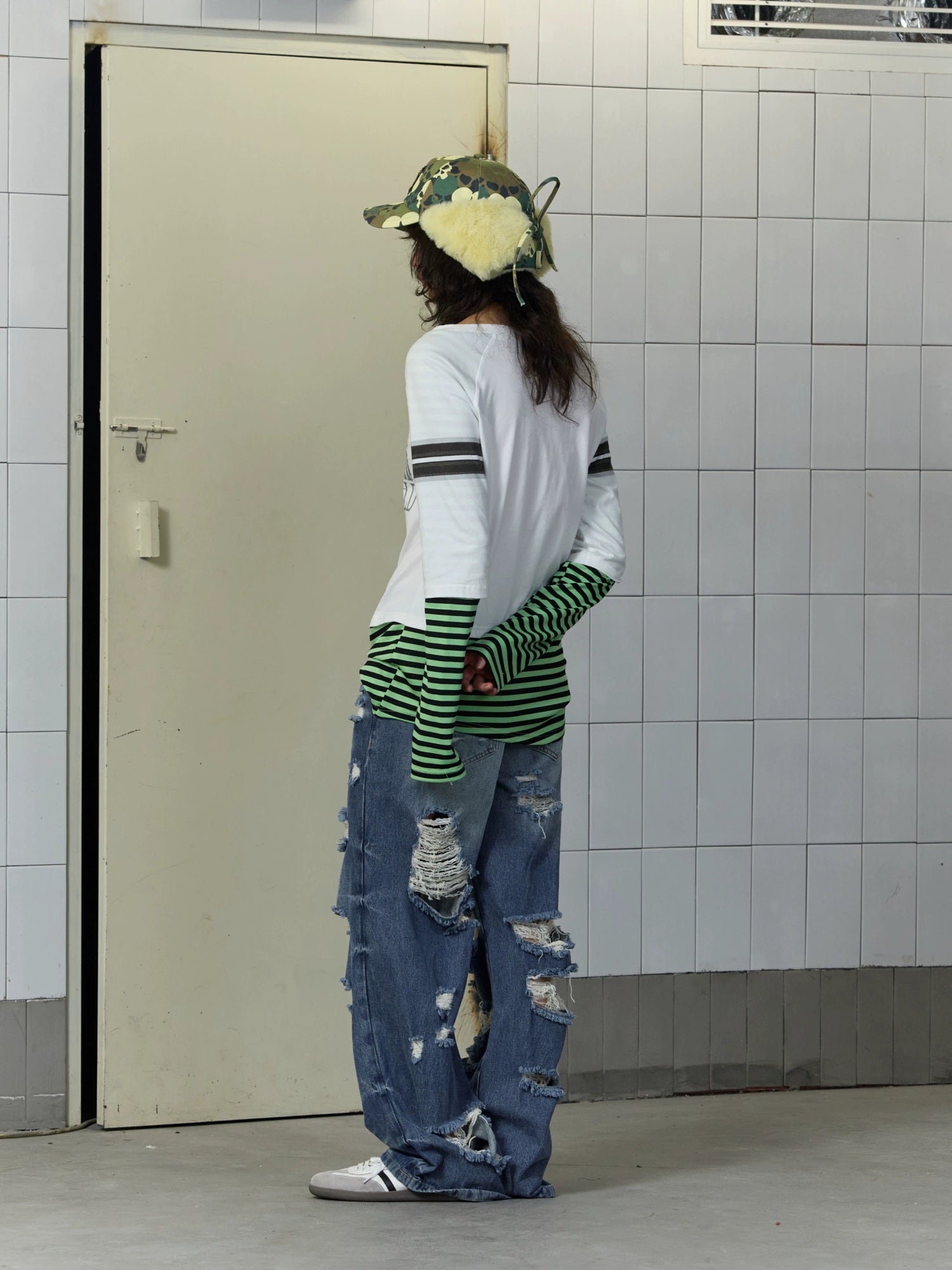 FULLTIDE 100% Cotton Breathable Deconstructed Loose Straight Unisex Striped Print T-Shirt