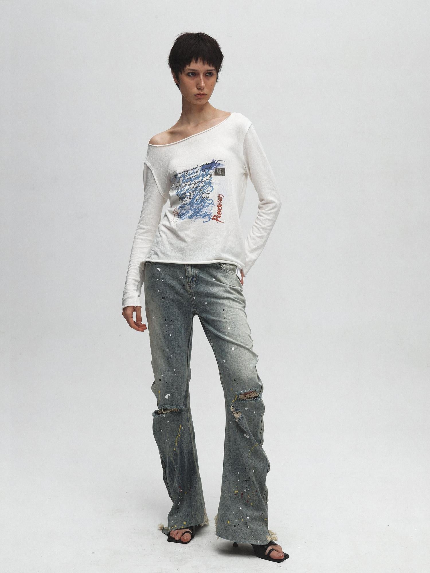 FULLTIDE 100% Cotton Casual Crew Neck Long Sleeve Regular Fit Women Off White T-Shirt