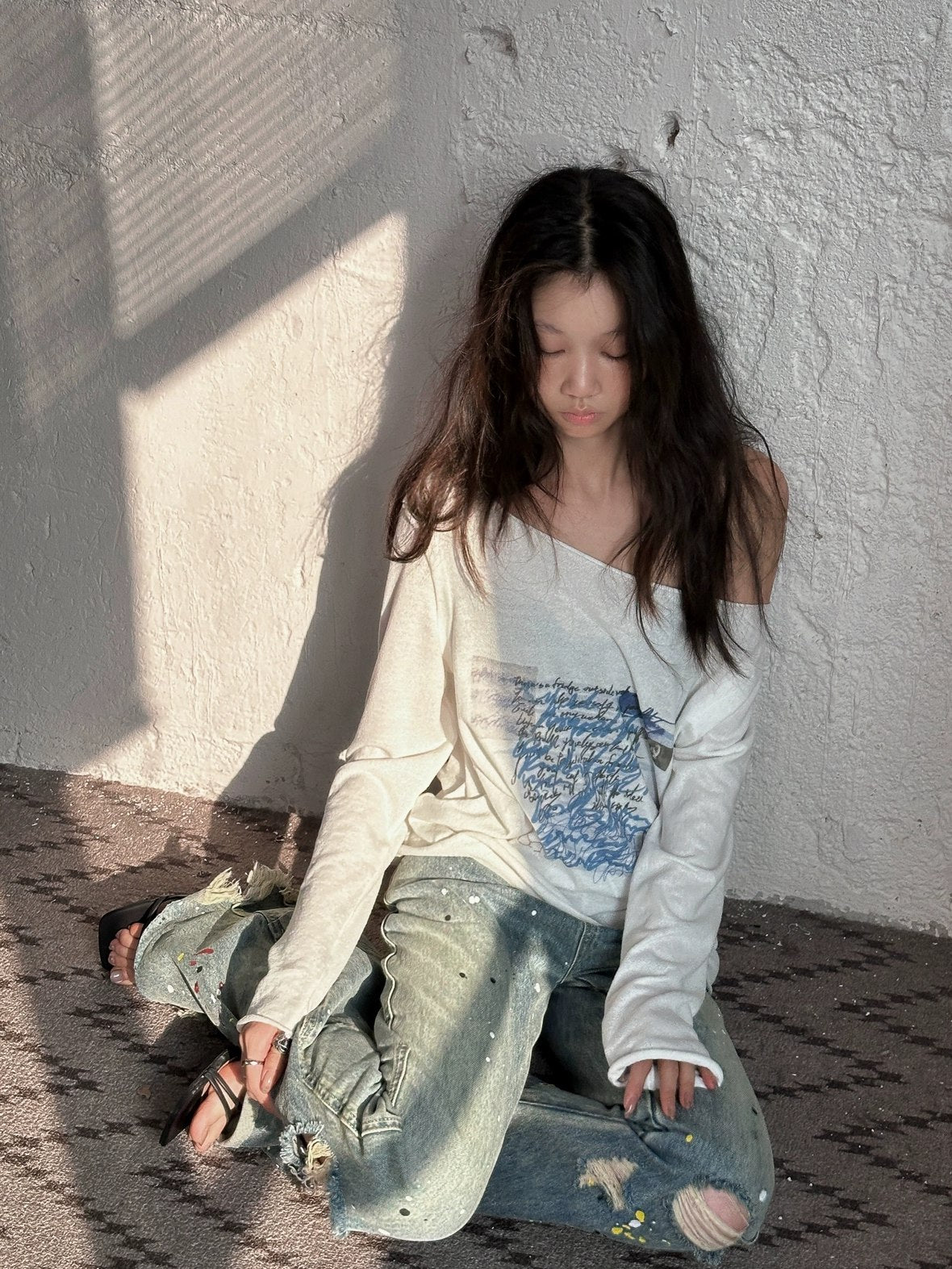 FULLTIDE 100% Cotton Casual Crew Neck Long Sleeve Regular Fit Women Off White T-Shirt