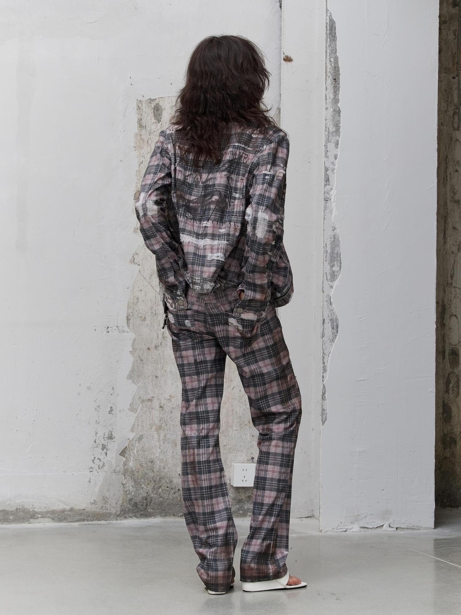 FULLTIDE 100% Cotton Lined Vintage Slim Fit Zipper Jacquard Plaid Unisex Denim Jacket