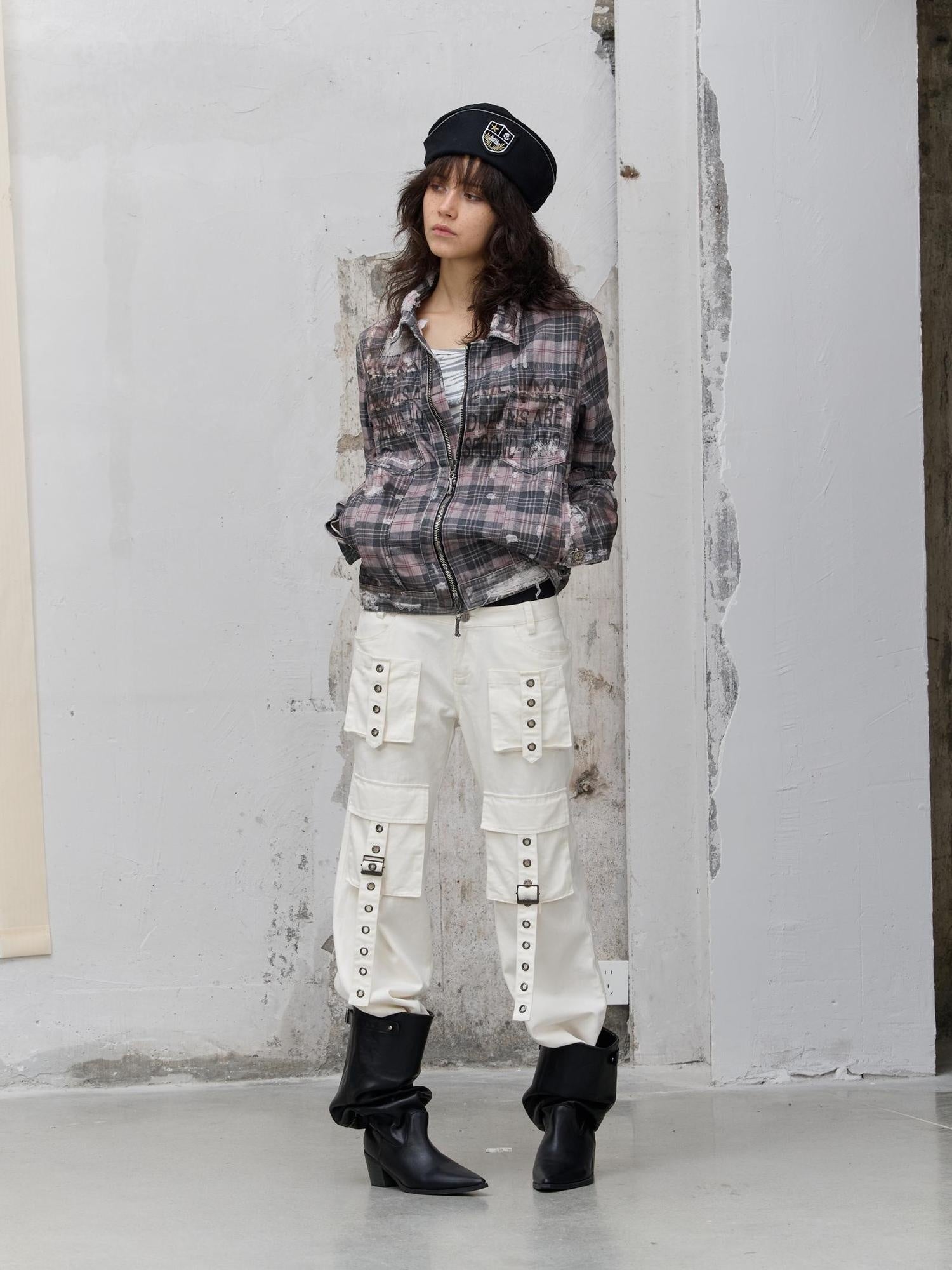 FULLTIDE 100% Cotton Lined Vintage Slim Fit Zipper Jacquard Plaid Unisex Denim Jacket