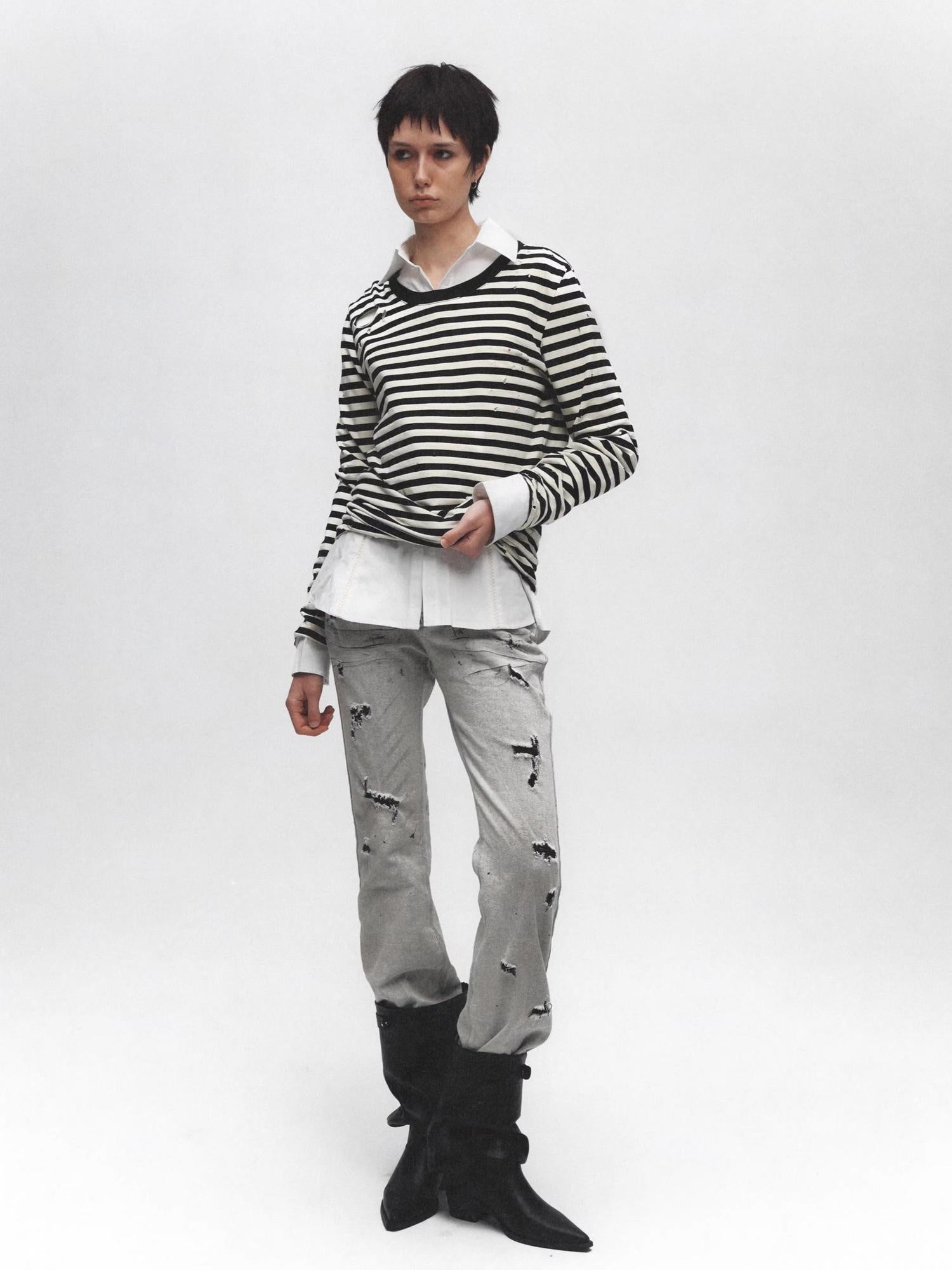 FULLTIDE 100% Cotton Long Sleeve Crewneck Midlength Women Black White Stripe T-Shirt