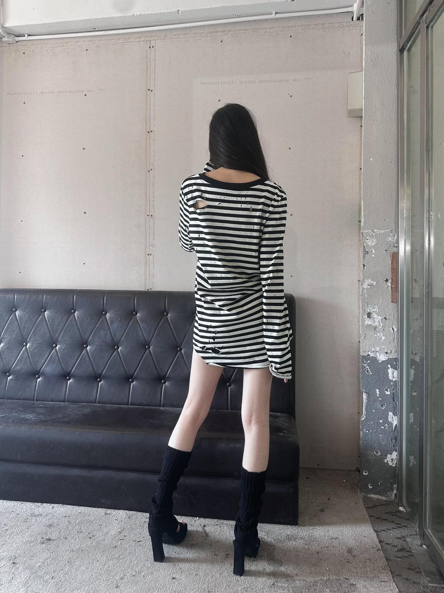 FULLTIDE 100% Cotton Long Sleeve Crewneck Midlength Women Black White Stripe T-Shirt