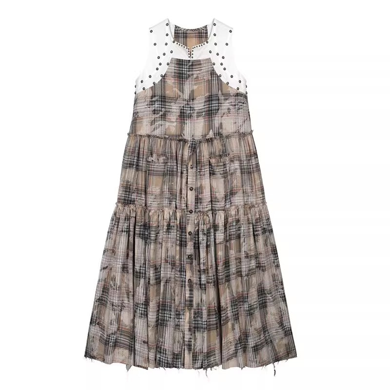 FULLTIDE_100_Percent_Cotton_A_Line_Round_Neck_Sleeveless_White_Check_Women_Office_Dresses_MISSTT