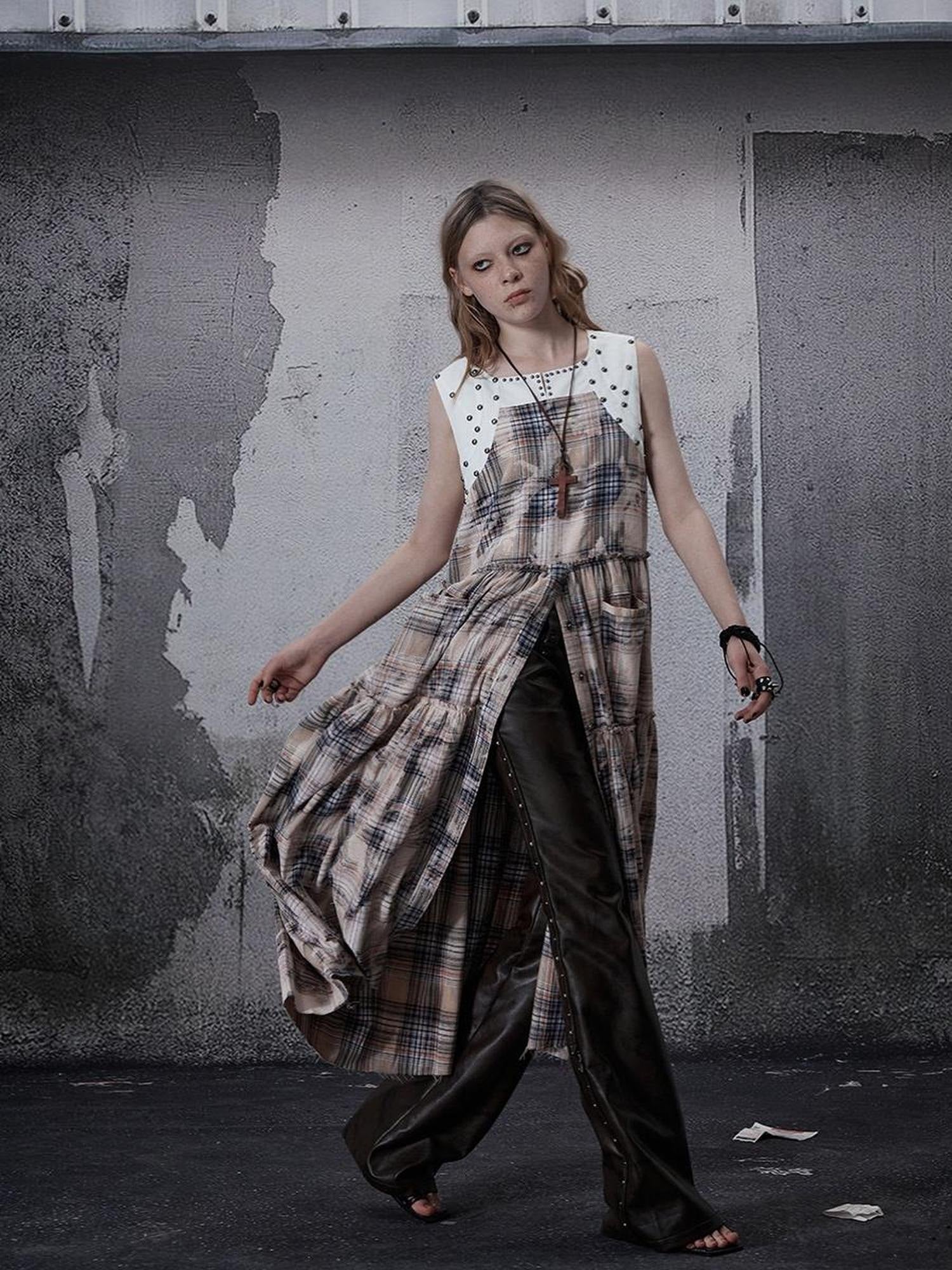 FULLTIDE 100 Percent Cotton A Line Round Neck Sleeveless White Check Women Office Dresses