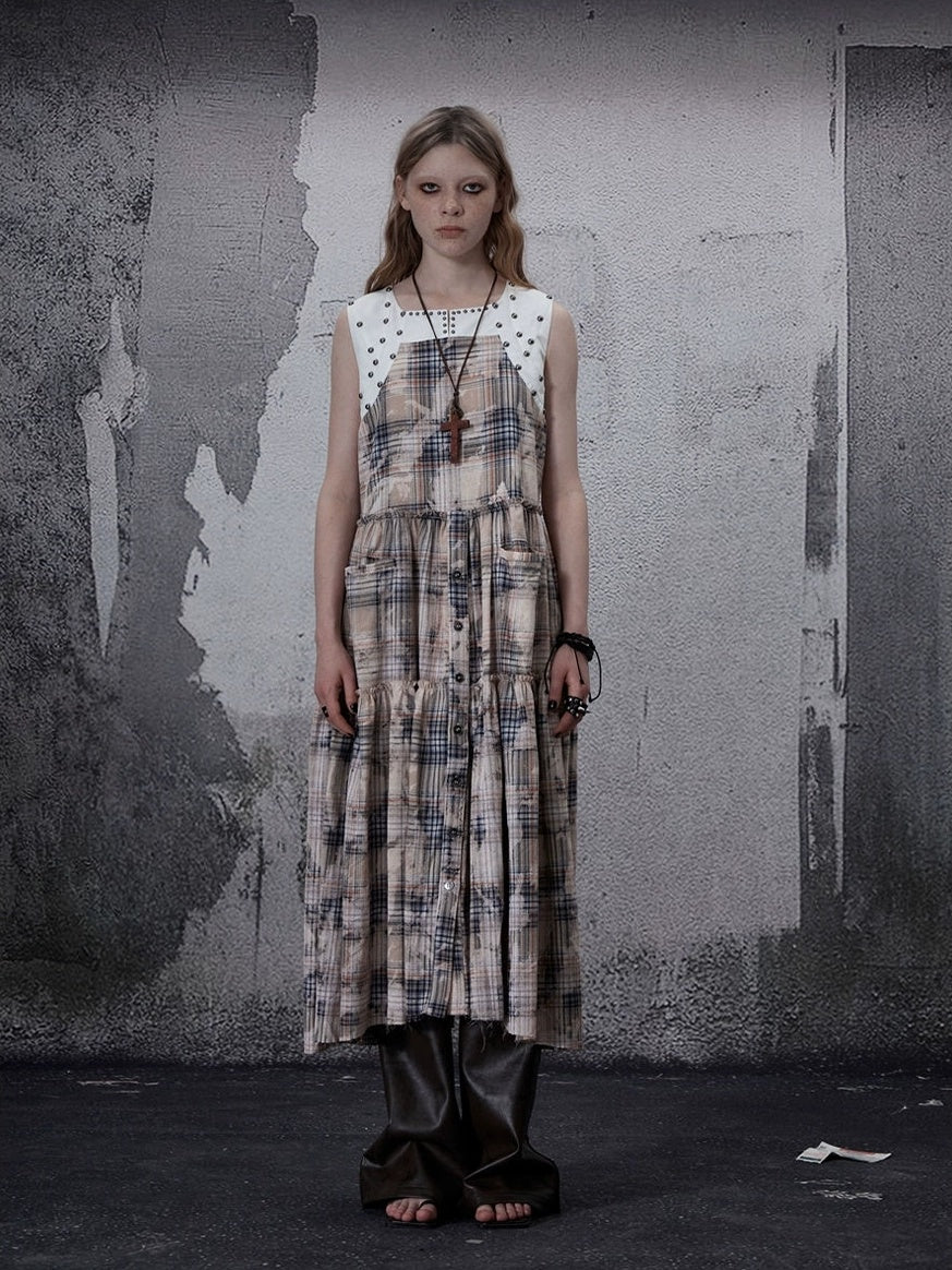 FULLTIDE 100 Percent Cotton A Line Round Neck Sleeveless White Check Women Office Dresses