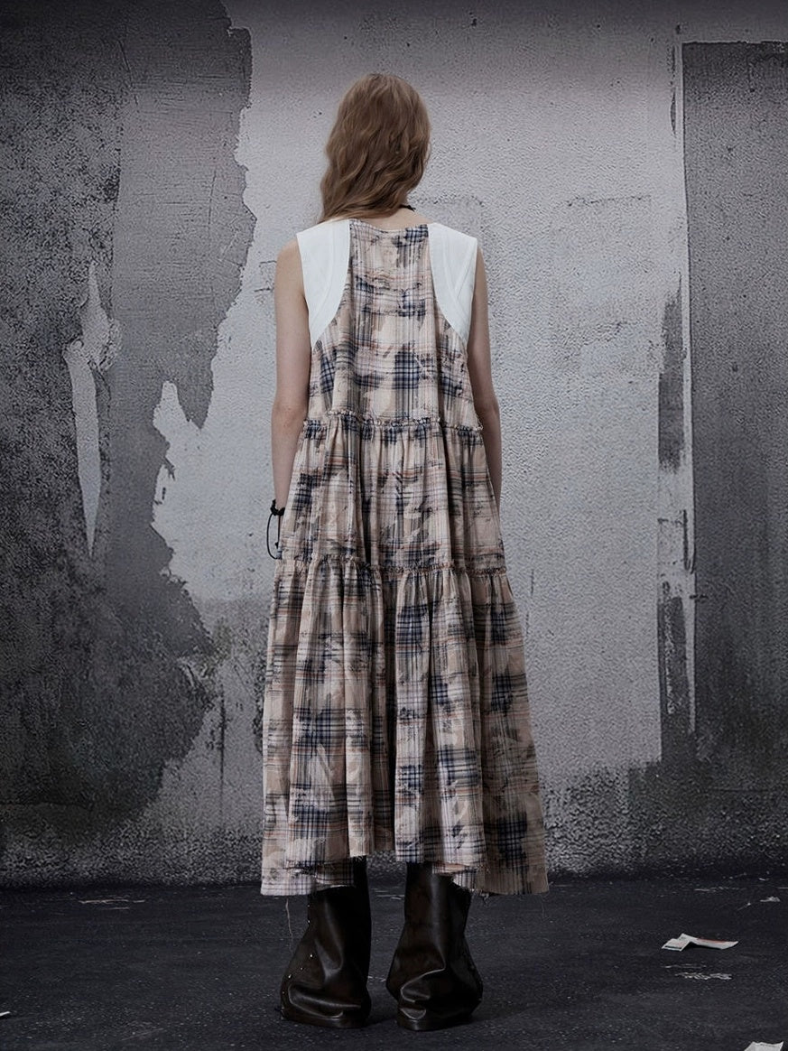 FULLTIDE 100 Percent Cotton A Line Round Neck Sleeveless White Check Women Office Dresses